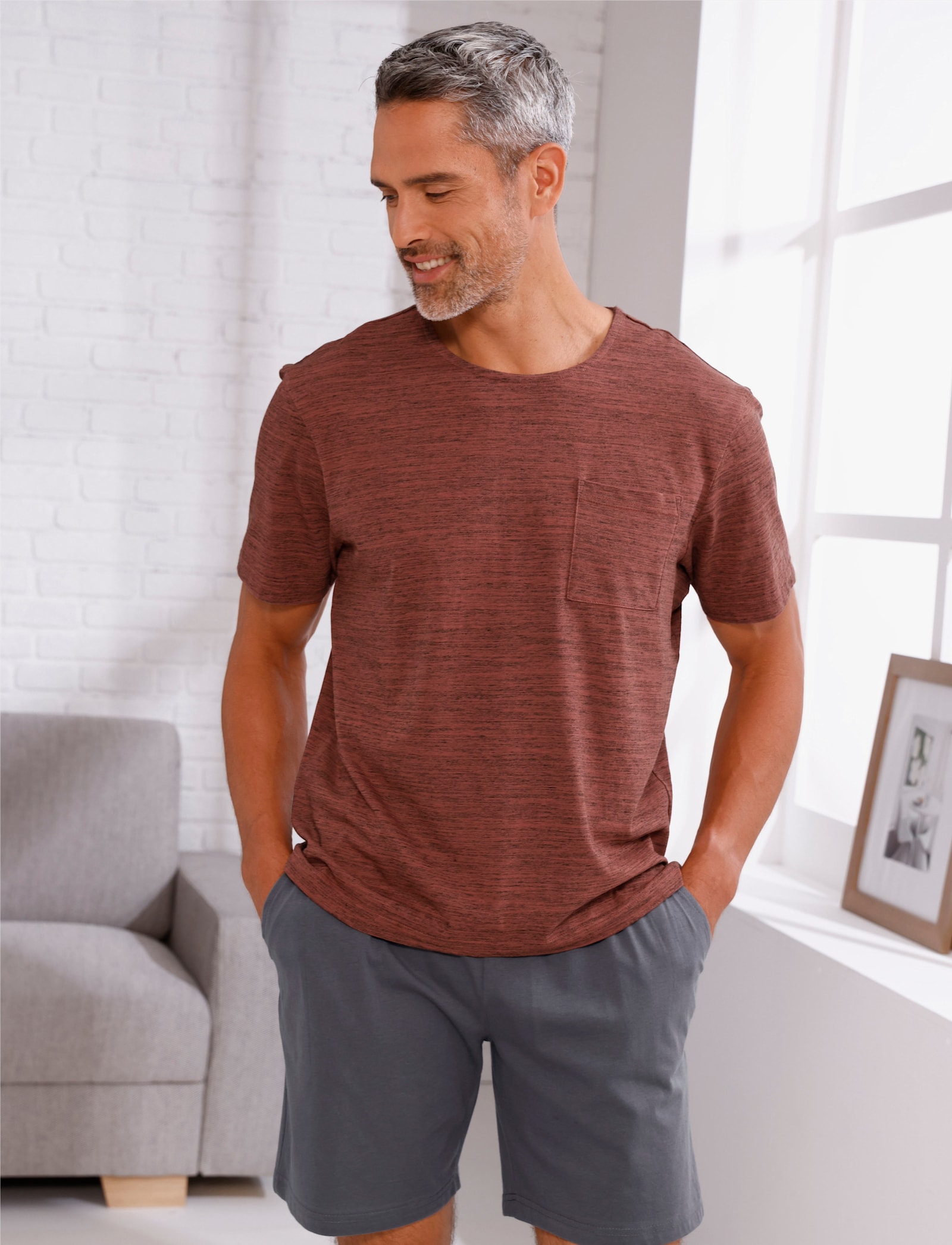 Schlafanzugshirt mit Brusttasche - rotbraun-meliert