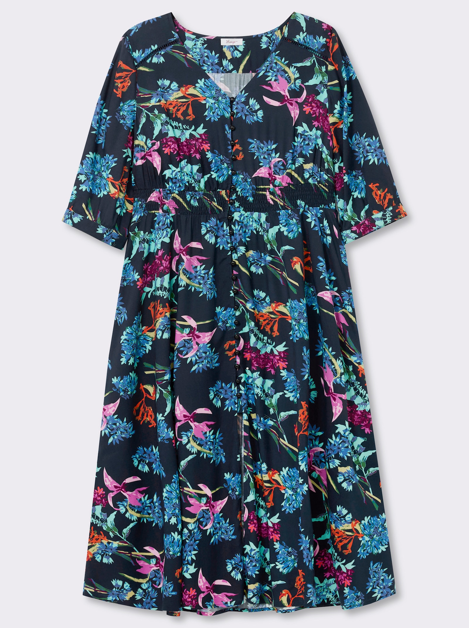sheego by Joe Browns A-Linien-Kleid mit buntem Blumenprint - tiefblau-türkis-gemustert