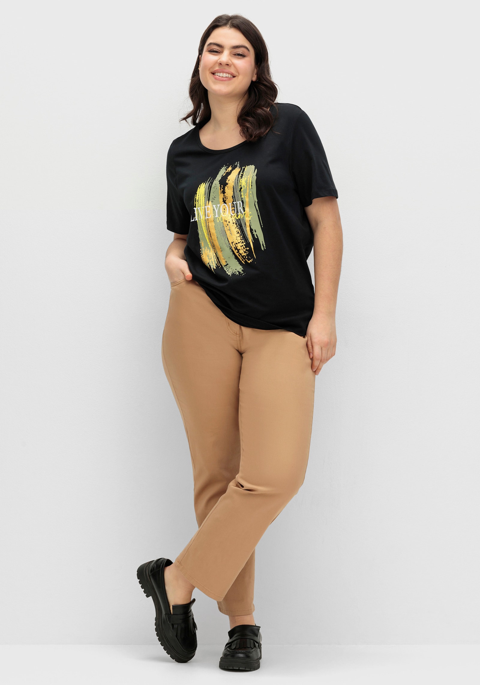 Kurzarmshirt mit Glitzer-Print - schwarz-limone