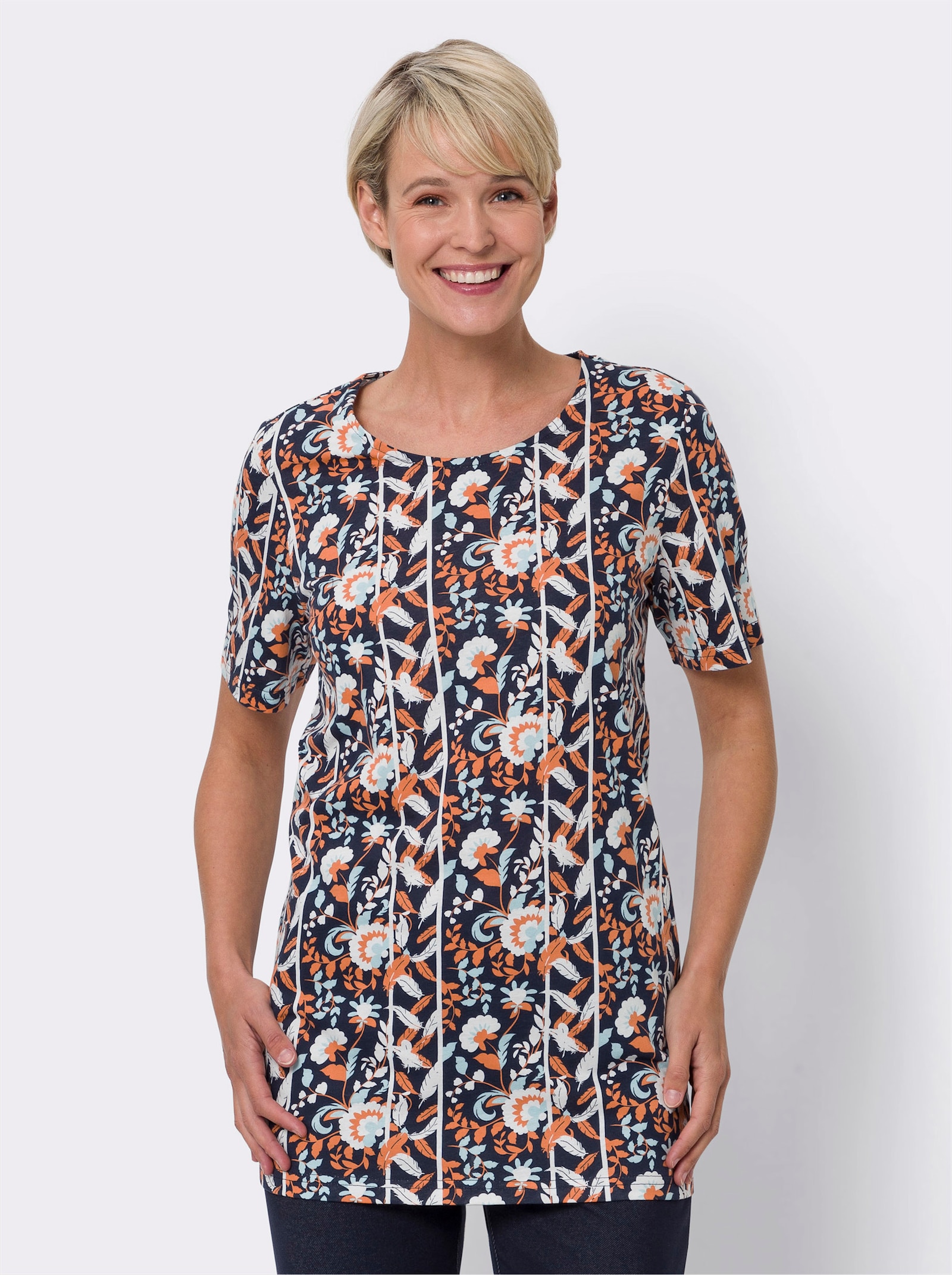 Longshirt mit kurzen Ärmeln - marine-orange-bedruckt