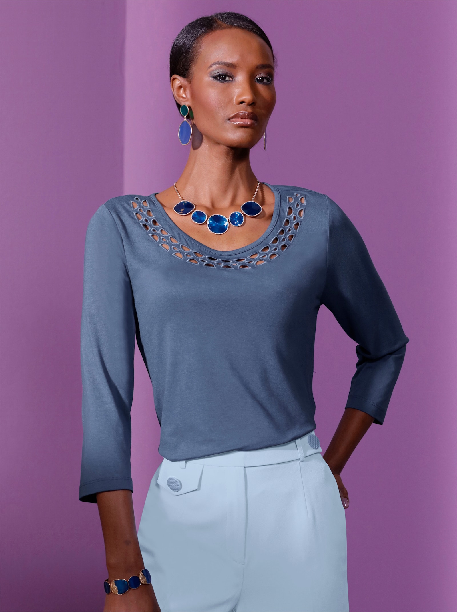 Tričko s 3/4 rukávem a děrovaným vzorem - kouřová modrá