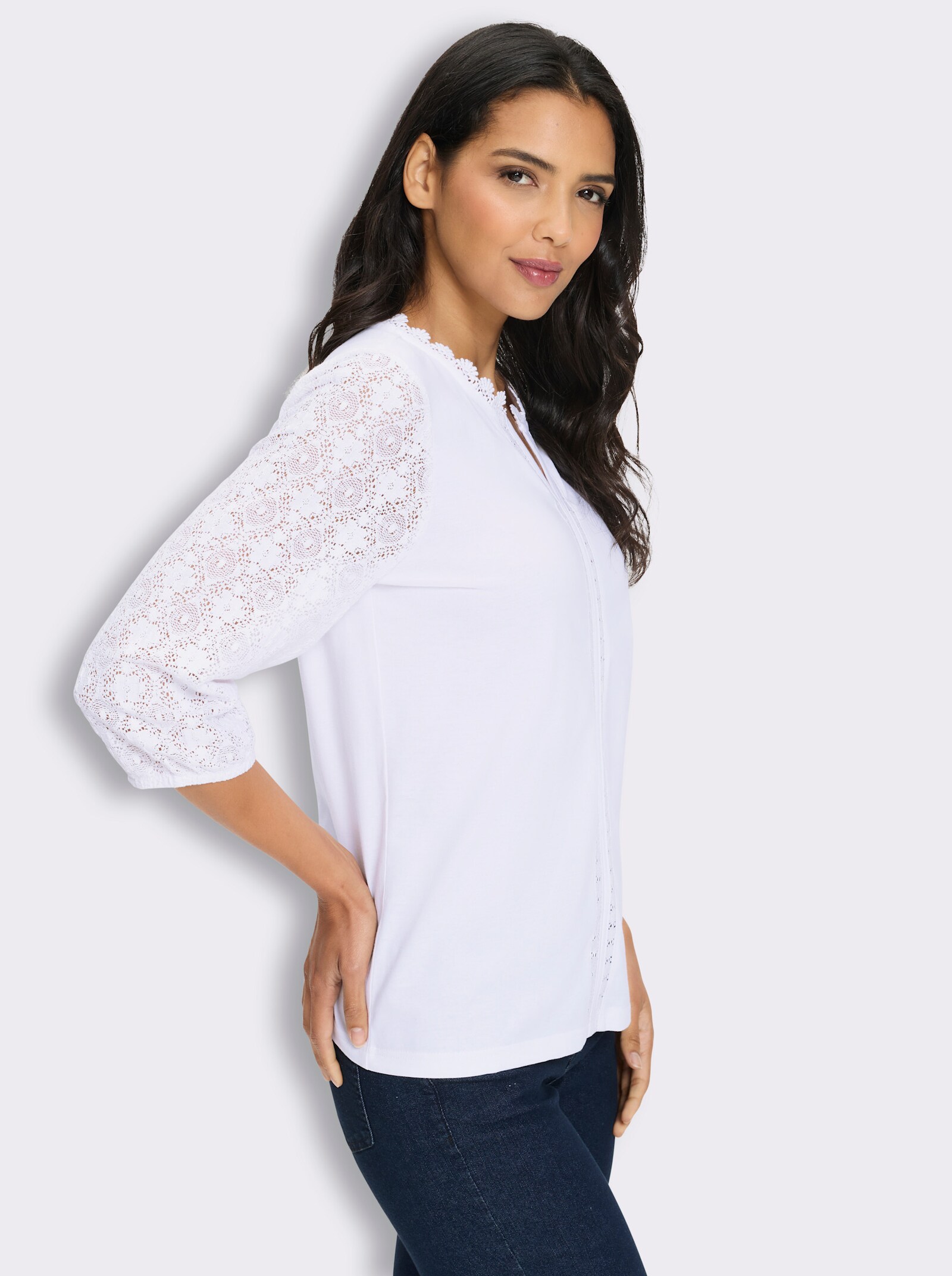 3/4-Arm-Shirt mit Spitzen-Ärmeln - weiß