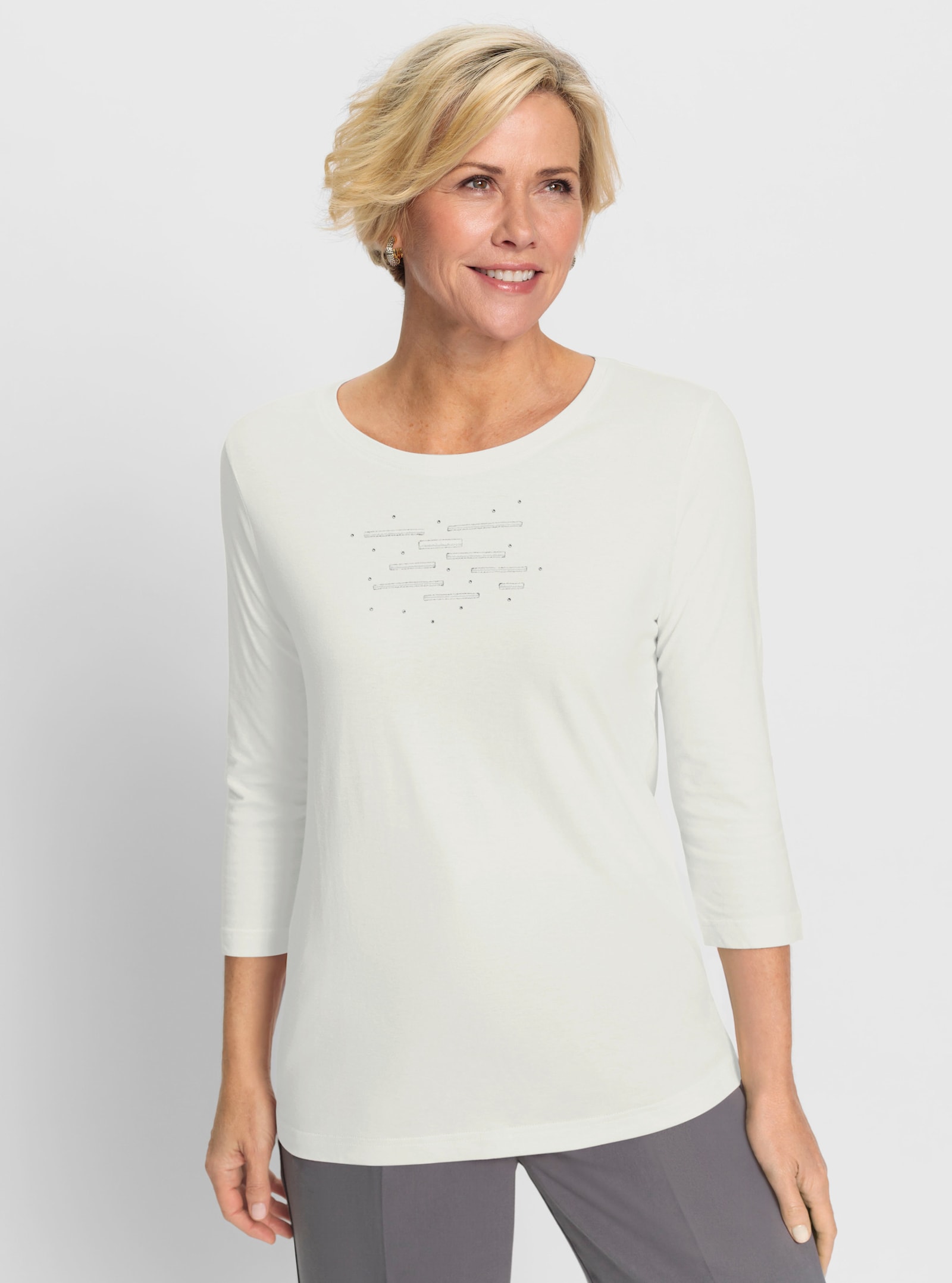 3/4-Arm-Shirt mit Stickerei und Glitzersteinchen - ecru