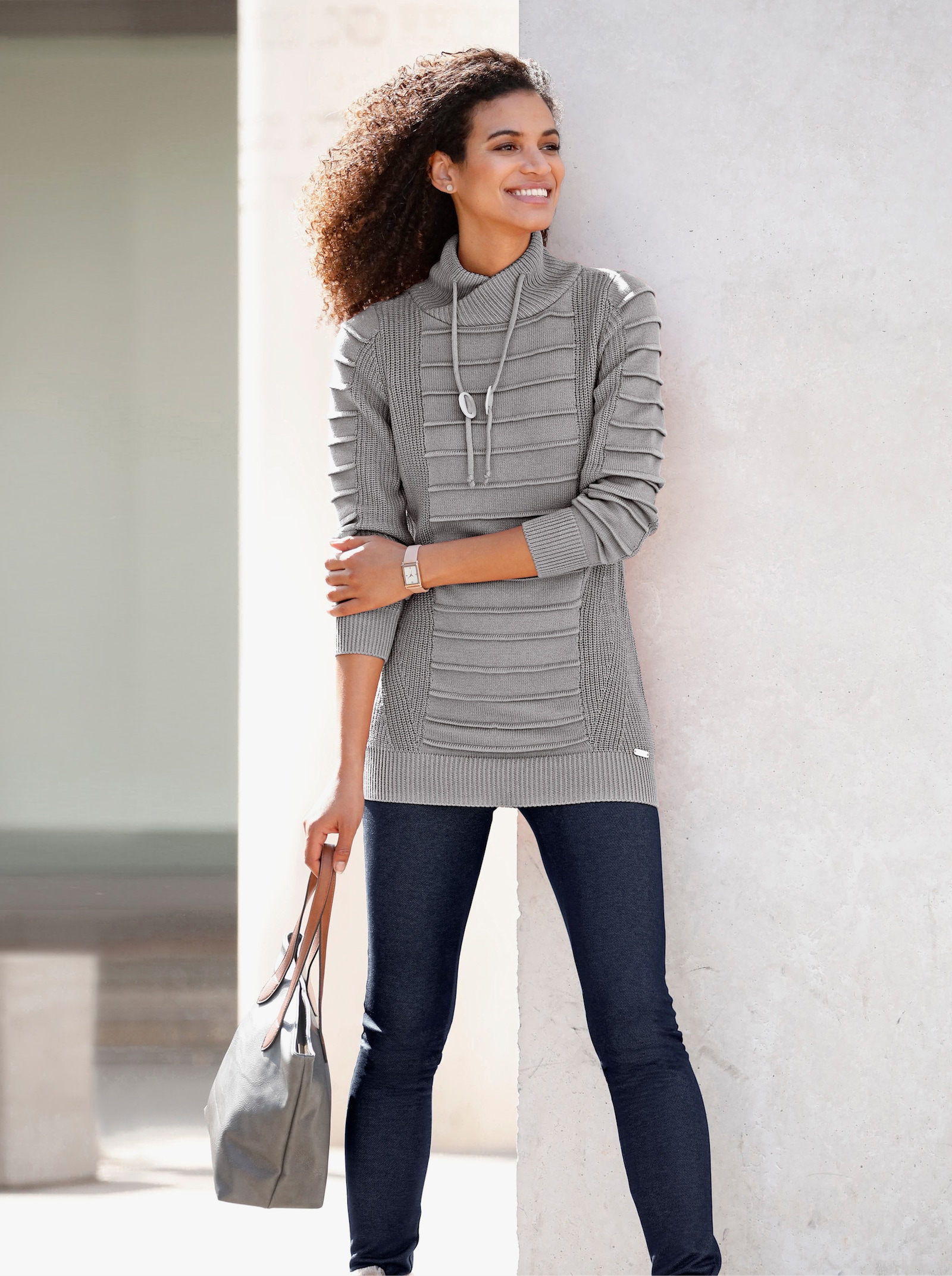 Longpullover mit Struktur-Partien - steingrau-weiß-meliert