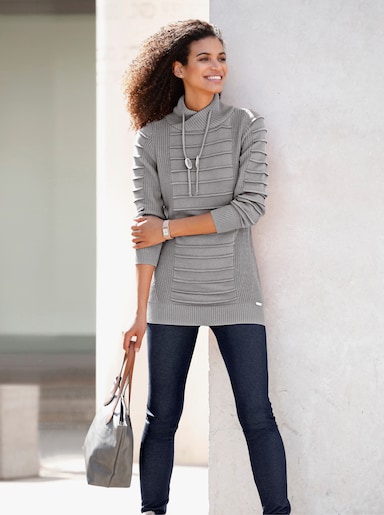 Longpullover - steingrau-weiß-meliert