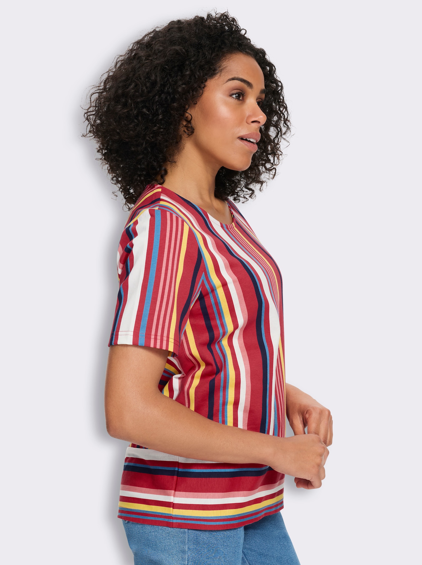 Shirt met korte mouwen en verticale strepen, katoen - aardbei/marine bedrukt