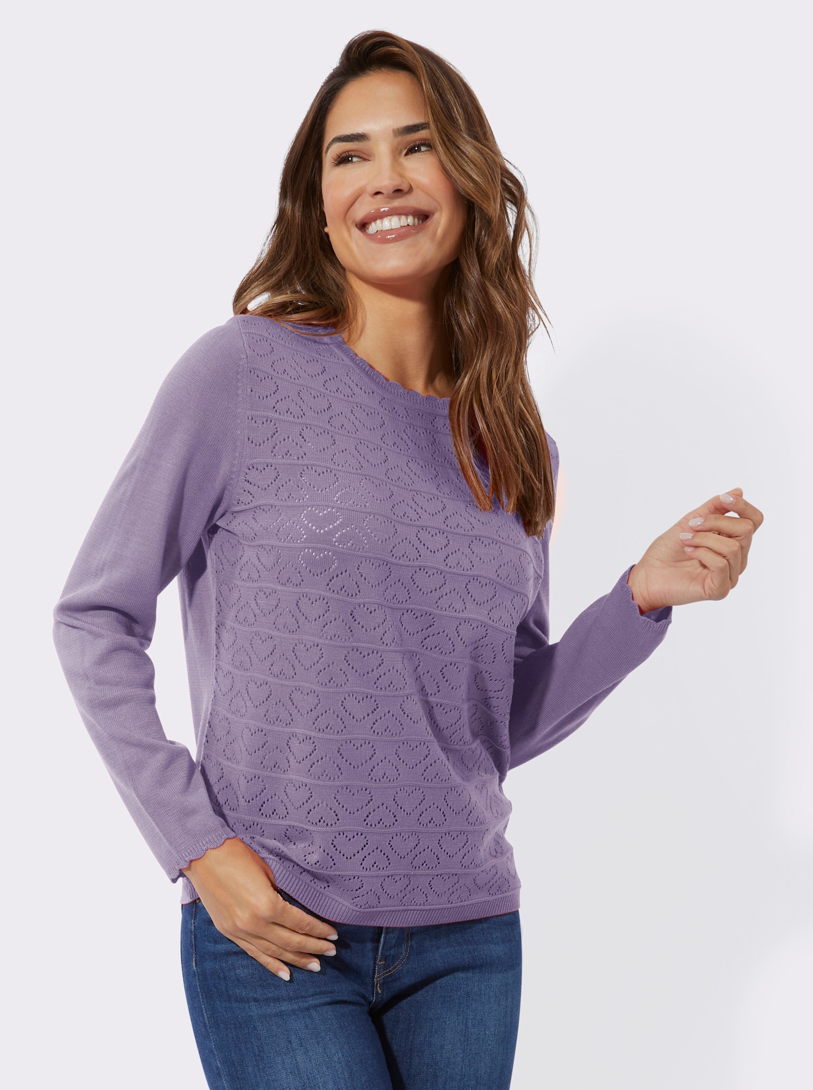 Langarm-Pullover mit Ajour-Herzchen-Muster - flieder