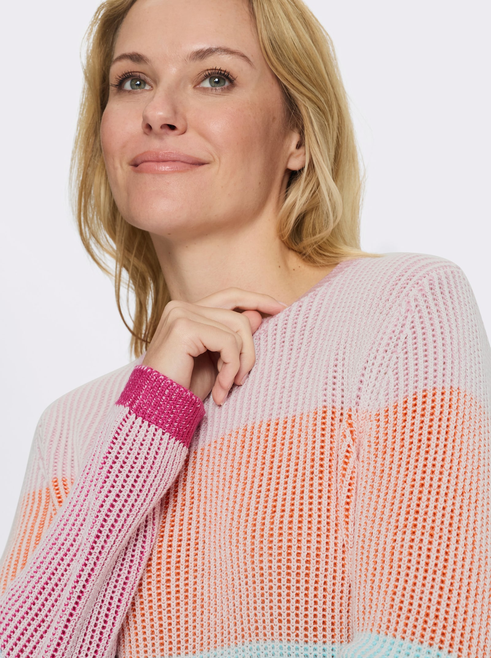 Langarm-Pullover mit Blockstreifen - fuchsia-aquamarin-gemustert