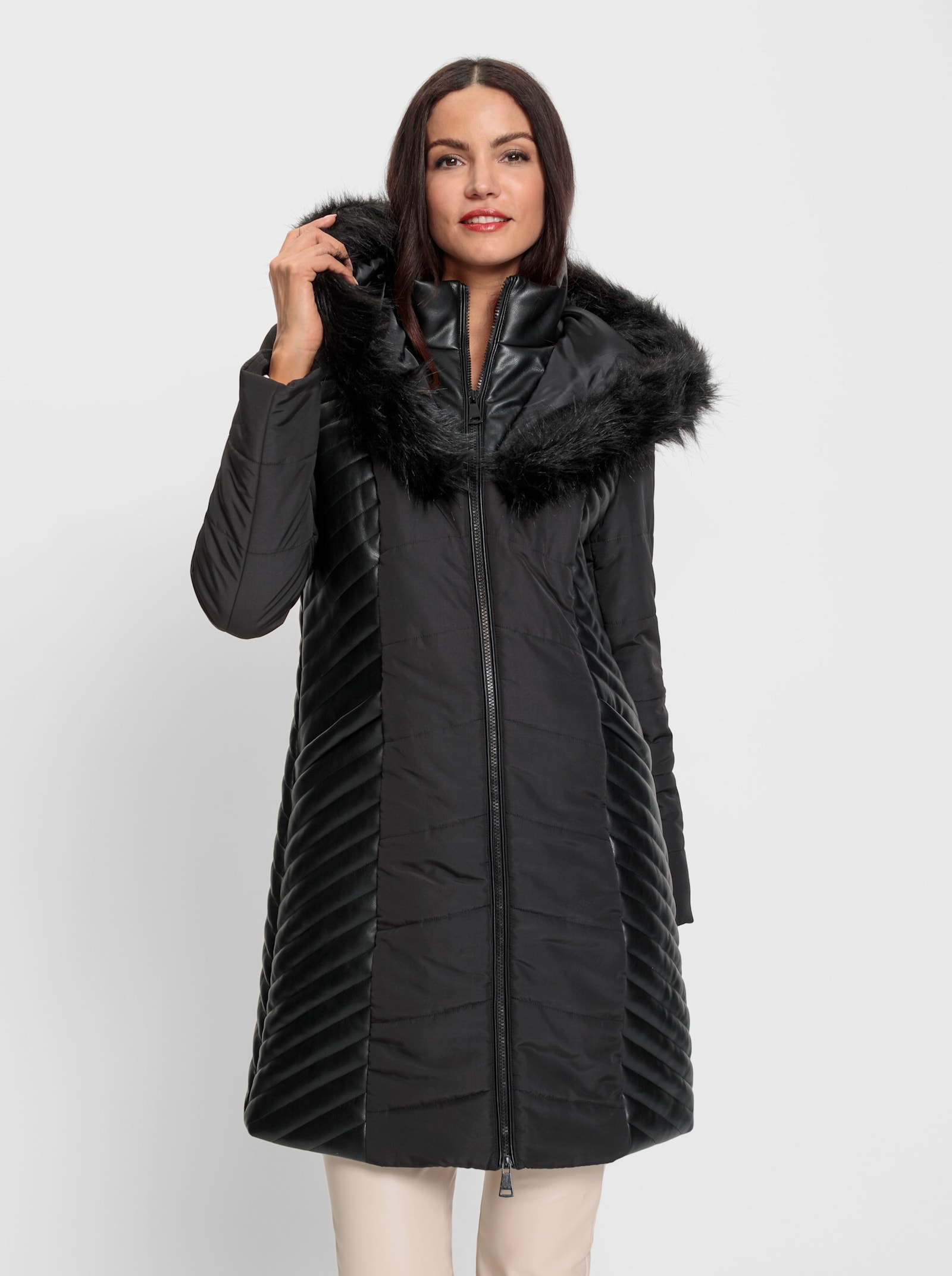 heine Manteau matelassé avec synthétique et imitation fourrure - noir