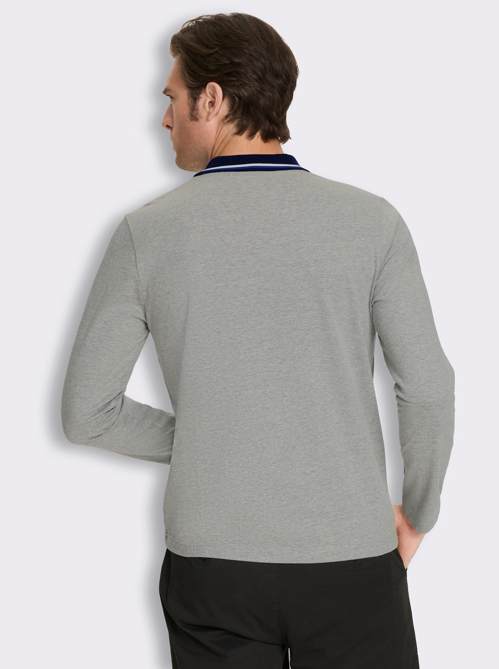 Langarm-Poloshirt mit Brusttasche - grau-meliert