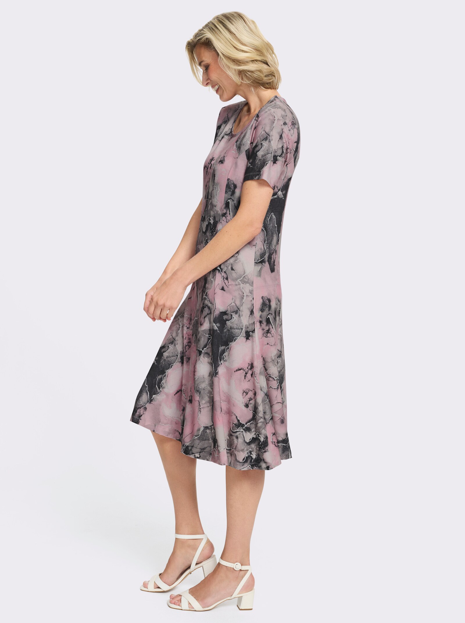 Jerseykleid mit Wiener Nähten - rosé-steingrau-bedruckt