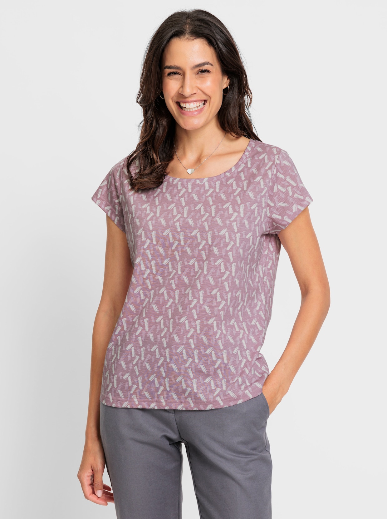 Rundhalsshirt - mauve-ecru-bedruckt