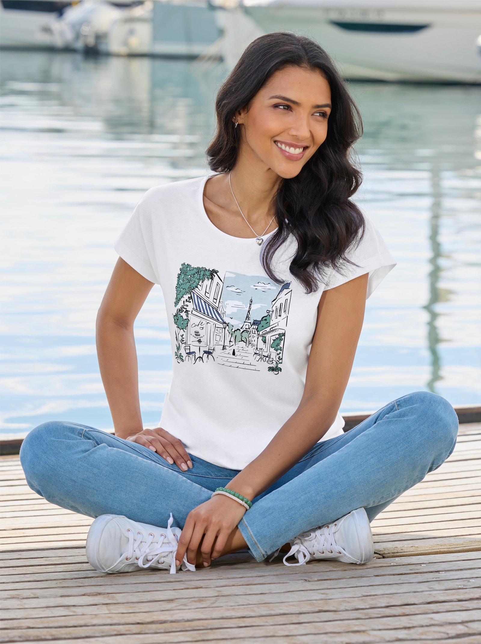 Rundhalsshirt mit Paris-Motiv - ecru-hellblau-bedruckt