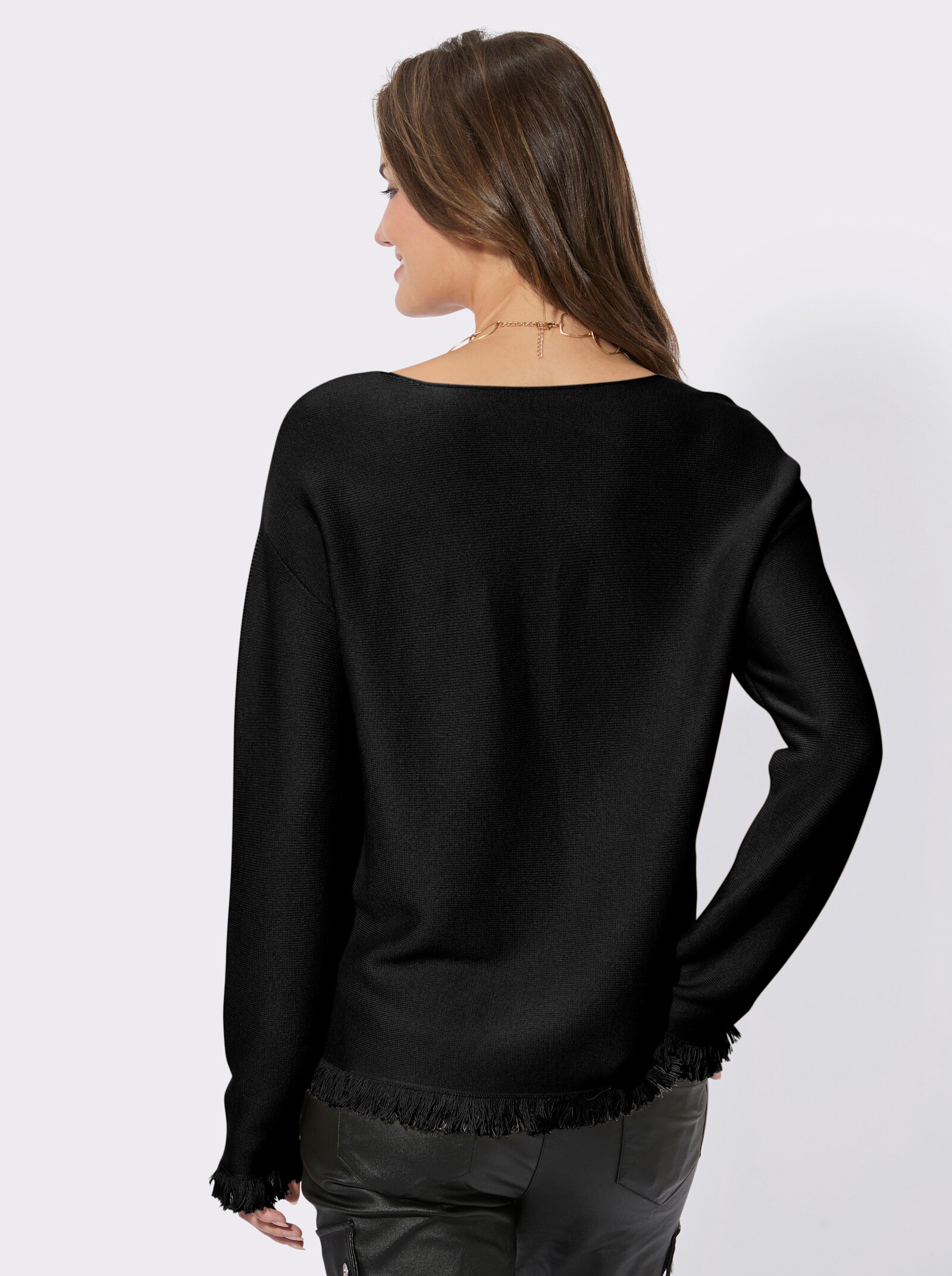 Langarm-Pullover mit Fransen-Abschlüssen - schwarz