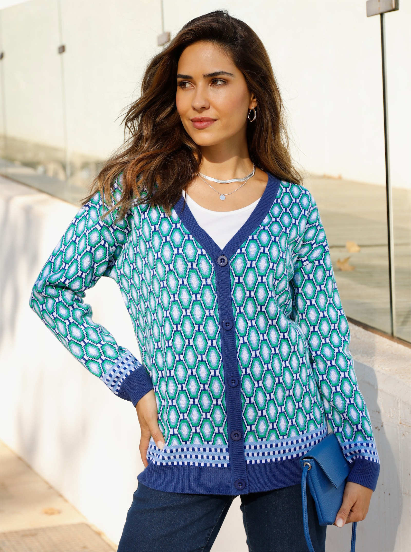 Vest van jacquard met minimalistisch patroon - koningsblauw/grasgroen gedessineerd