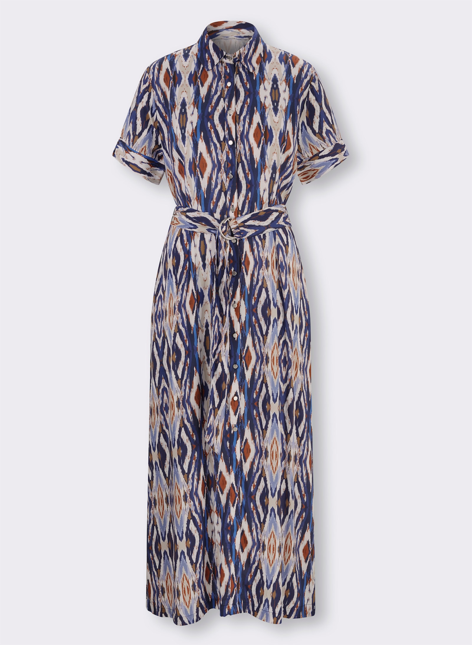heine Jurk met print en stoffen ceintuur - koningsblauw/cognac bedrukt