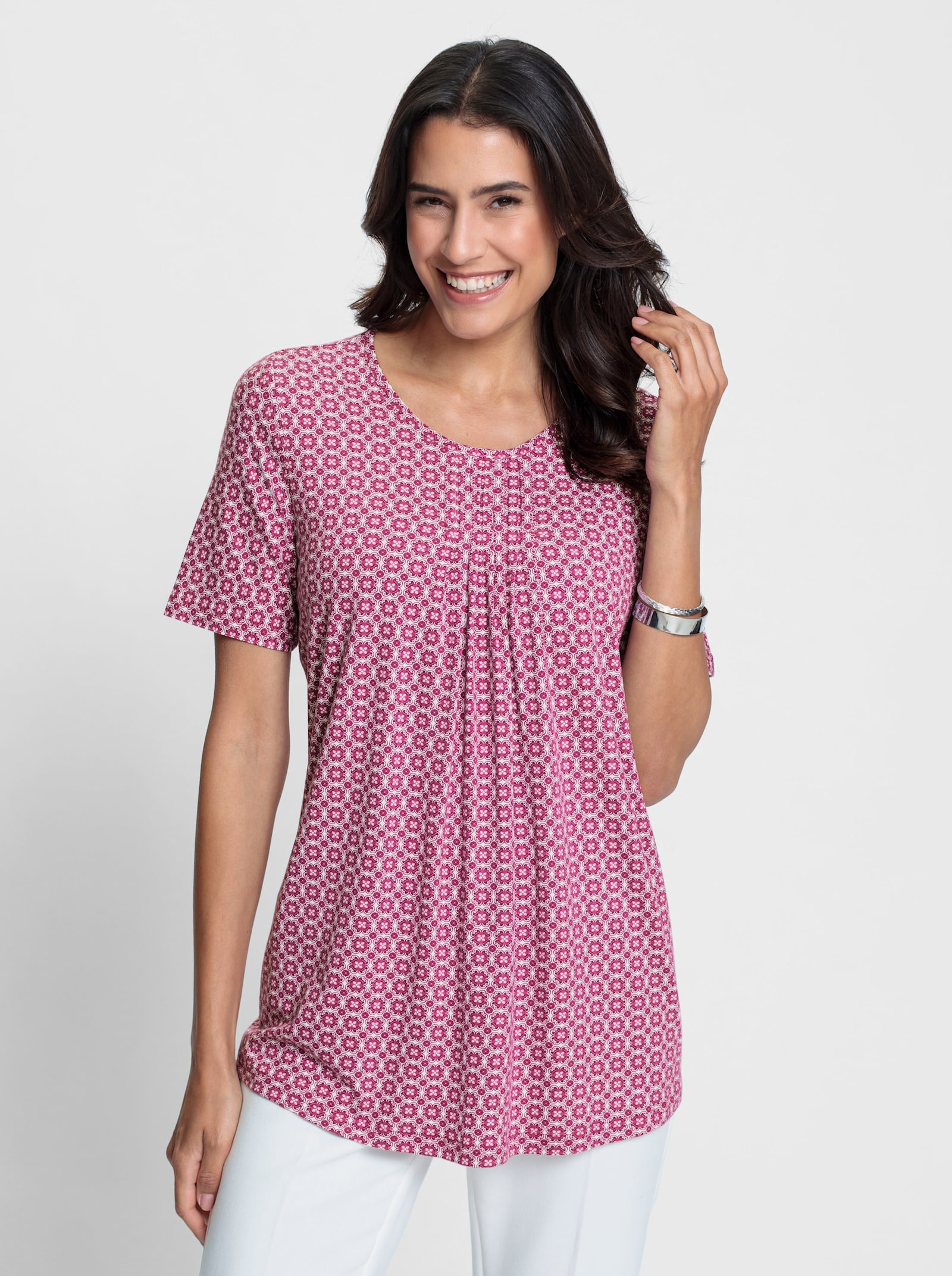 Tuniekshirt in A-lijn - heide/wit bedrukt