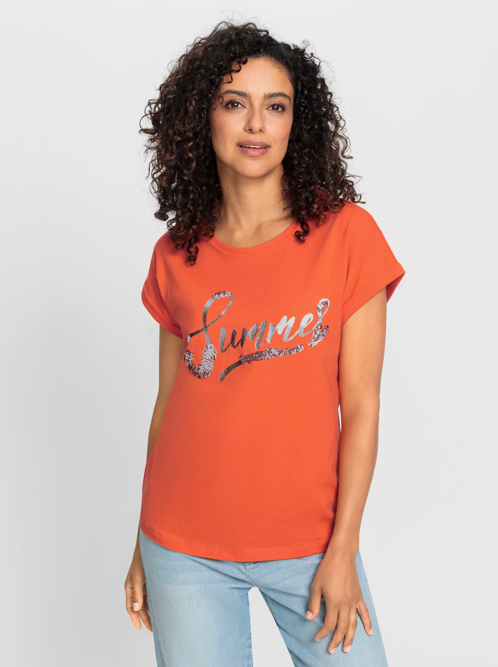 Kurzarmshirt mit Pailletten-Schriftzug - orange-silberfarben-bedruckt