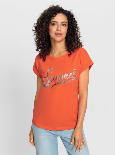 Kurzarmshirt mit Pailletten-Schriftzug - orange-silberfarben-bedruckt