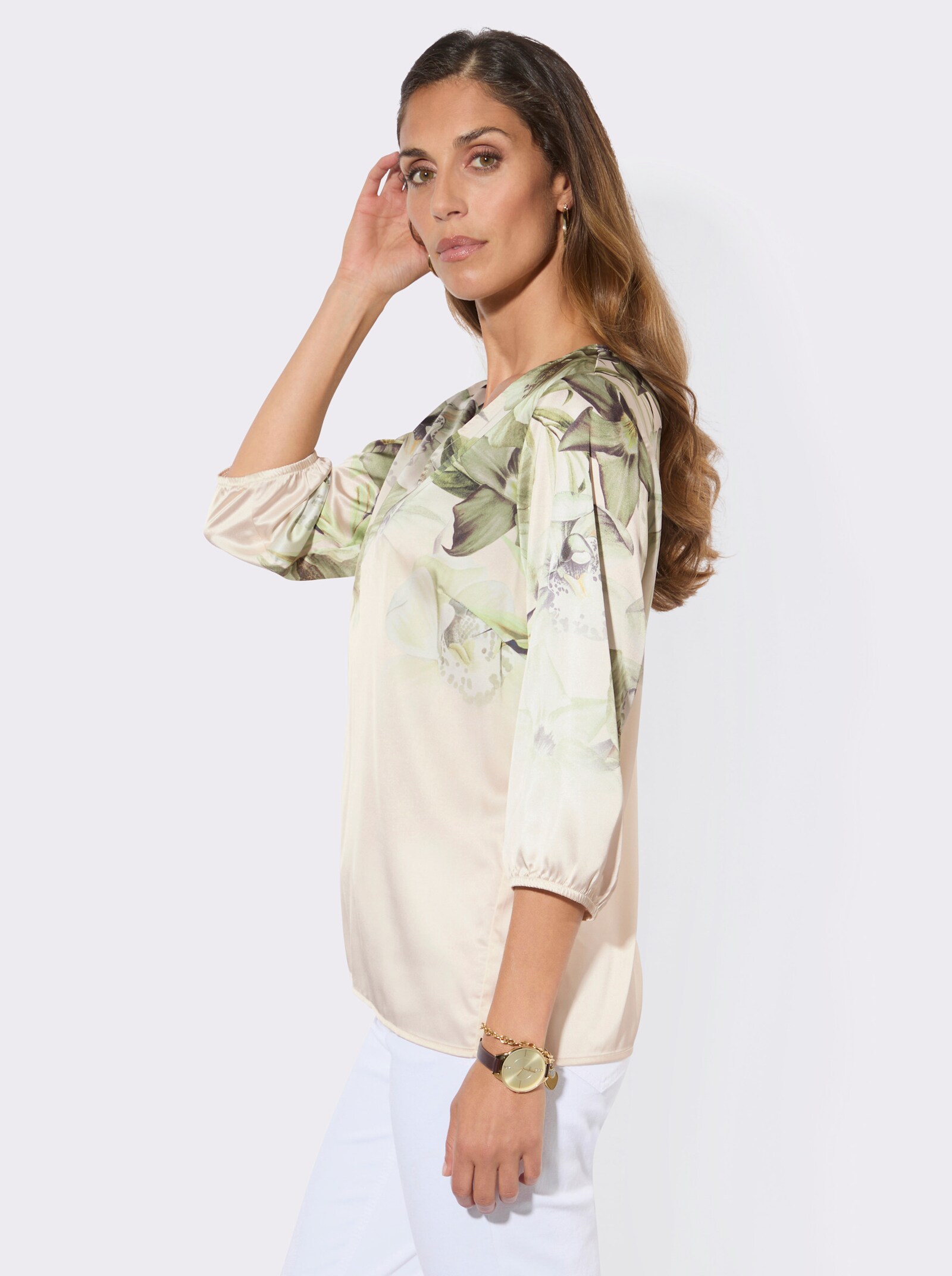 Druckbluse mit elastischem Ärmel-Abschluss - champagner-schilf-bedruckt