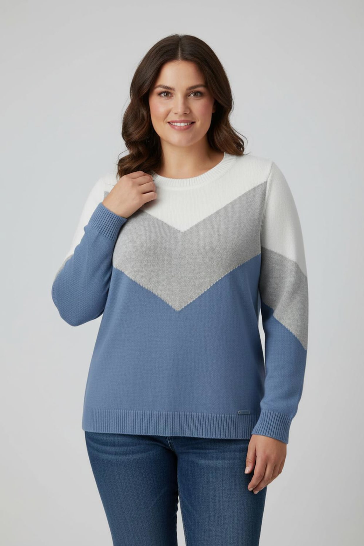 Rundhalspullover mit Colour-Blocking - mittelblau-hellgrau-meliert