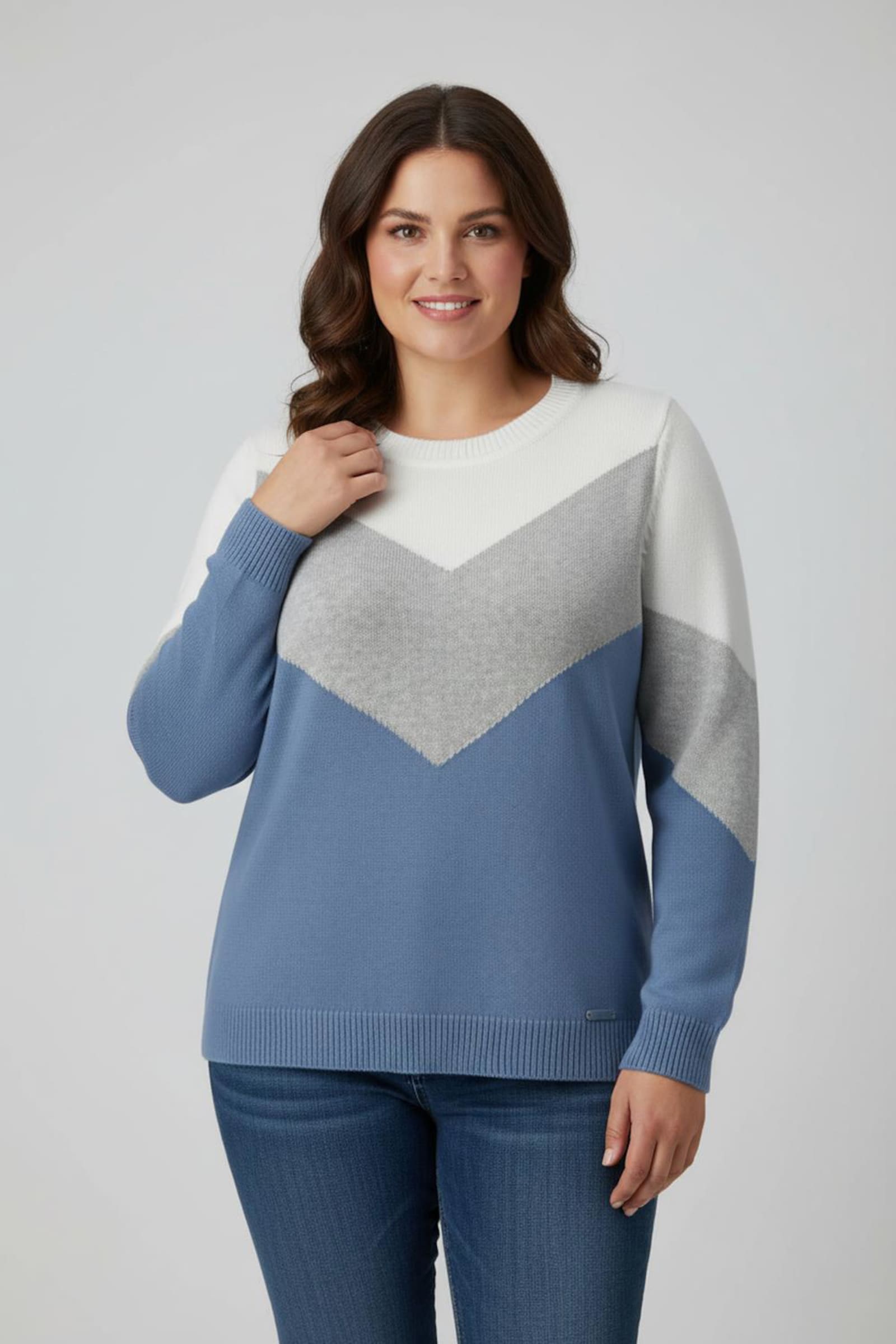 Rundhalspullover mit Colour-Blocking - mittelblau-hellgrau-meliert