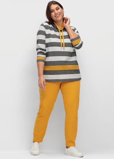 Stehkragenshirt mit weitenregulierbarem Kragen - ocker-schwarz-geringelt