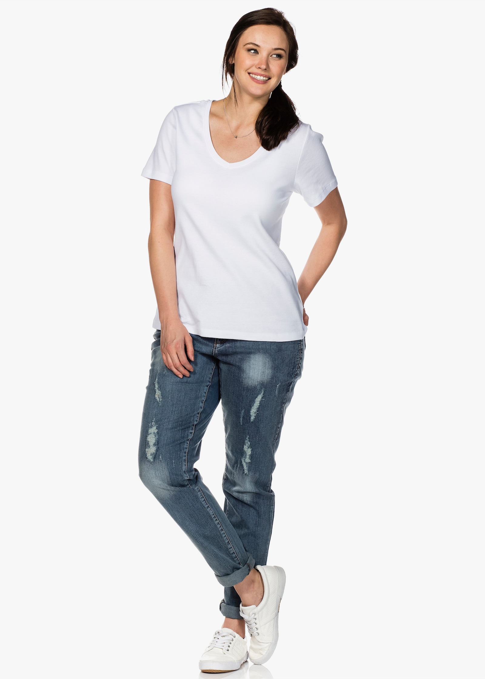sheego T-shirt met V-hals, ribmateriaal - wit