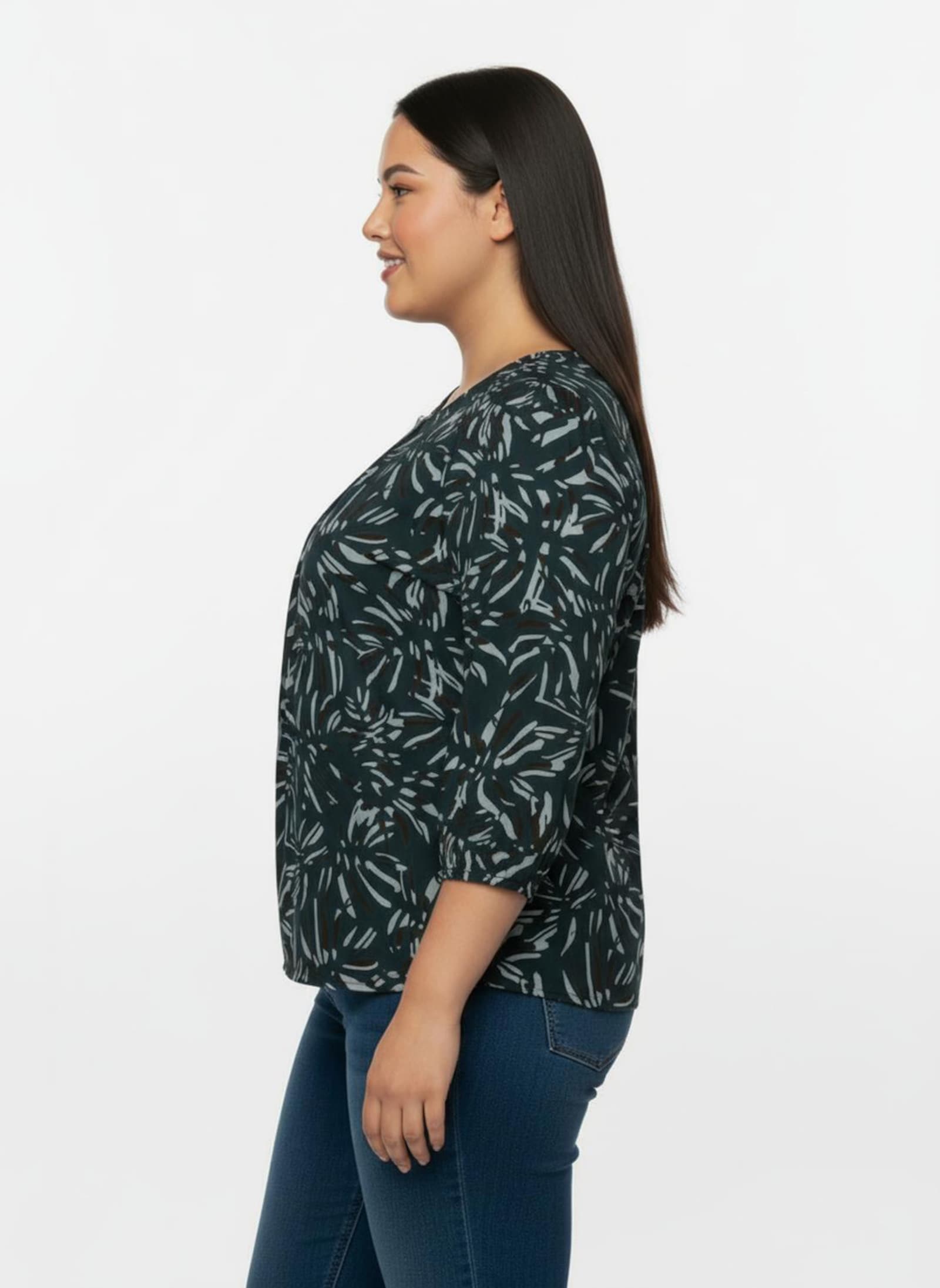 Druckbluse in Schlupfform - petrol-graphit-bedruckt