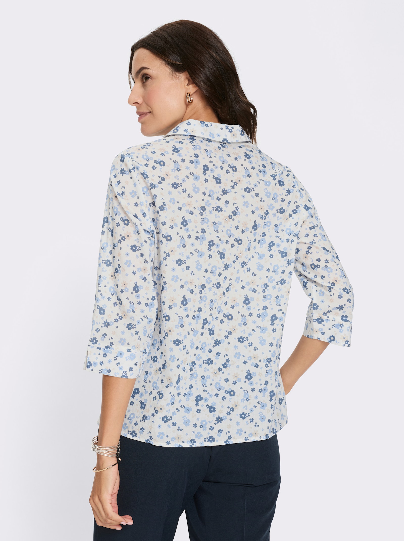 Bavlněná halenka s květinovým vzorem - ecru-modrá-potisk