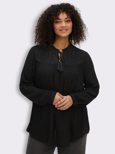 sheego Crinklebluse mit bestickter Passe - schwarz