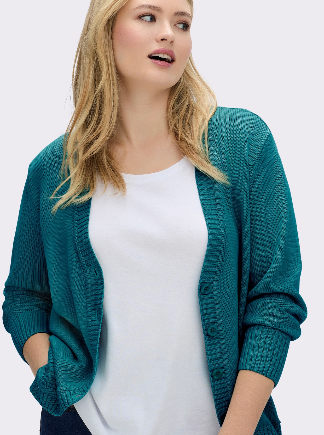 Strickjacke mit farblich abgestimmten Knöpfen - petrol