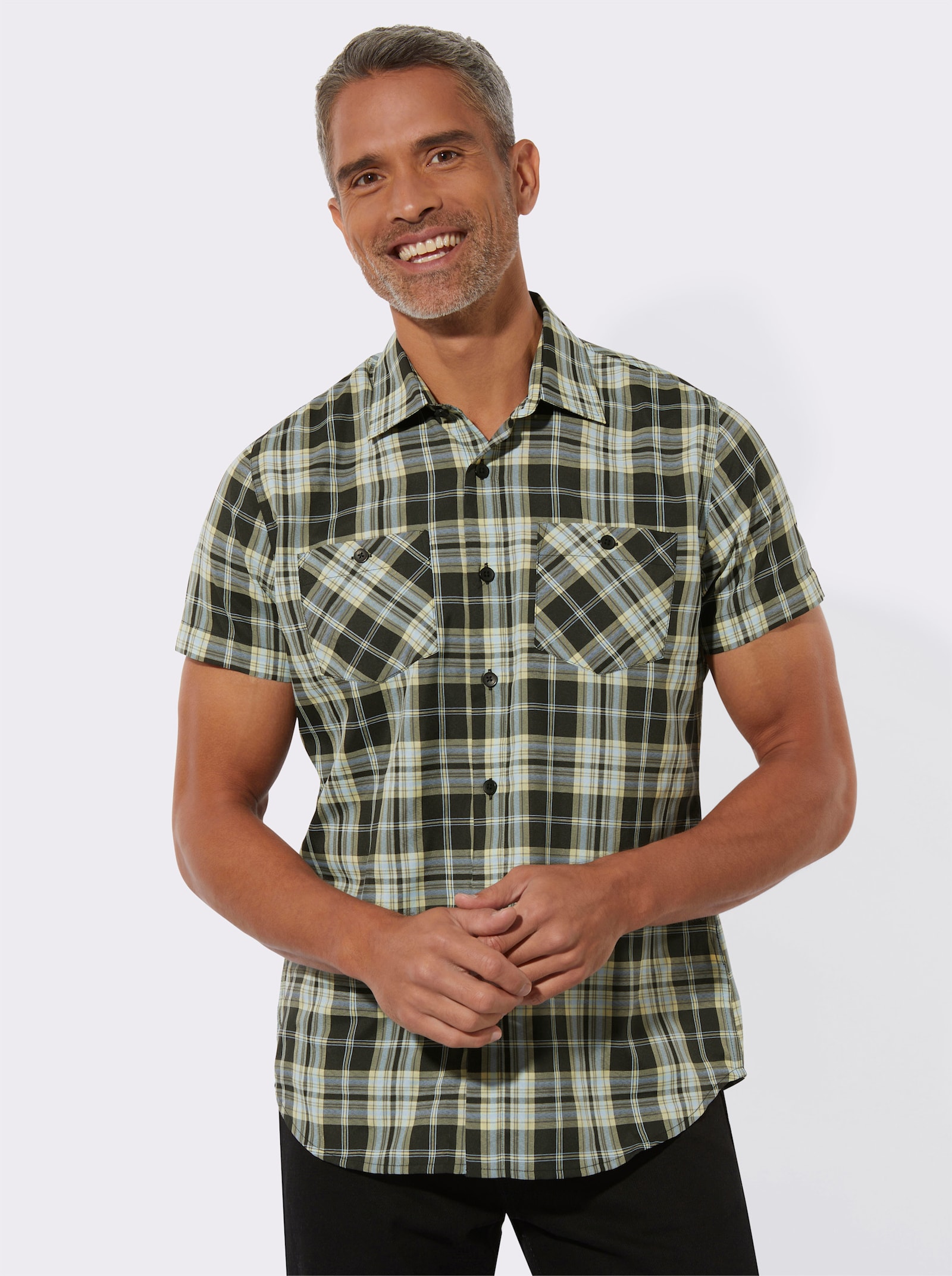 Kurzarmhemd mit Brusttaschen - schwarz-zitrone-kariert