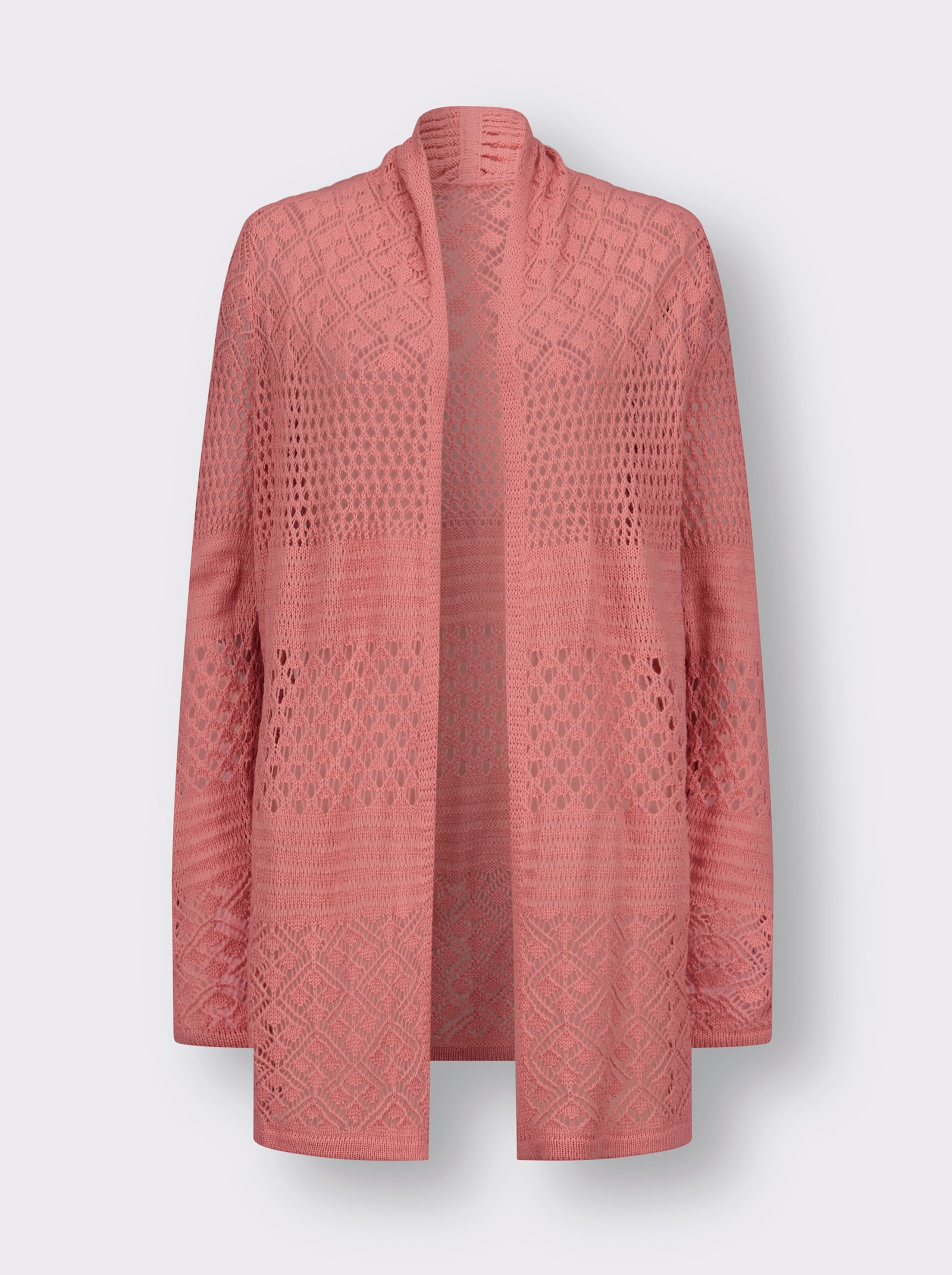 Ajourstrickjacke in langer, offener Form - flamingo