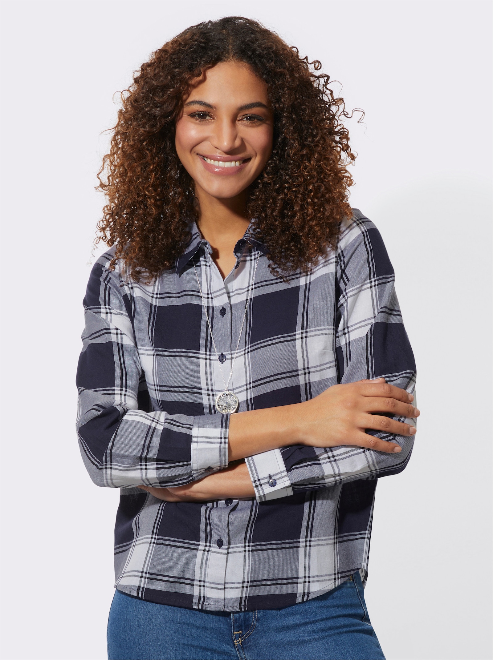 Flanellbluse in Karo-Muster - marine-weiß-kariert