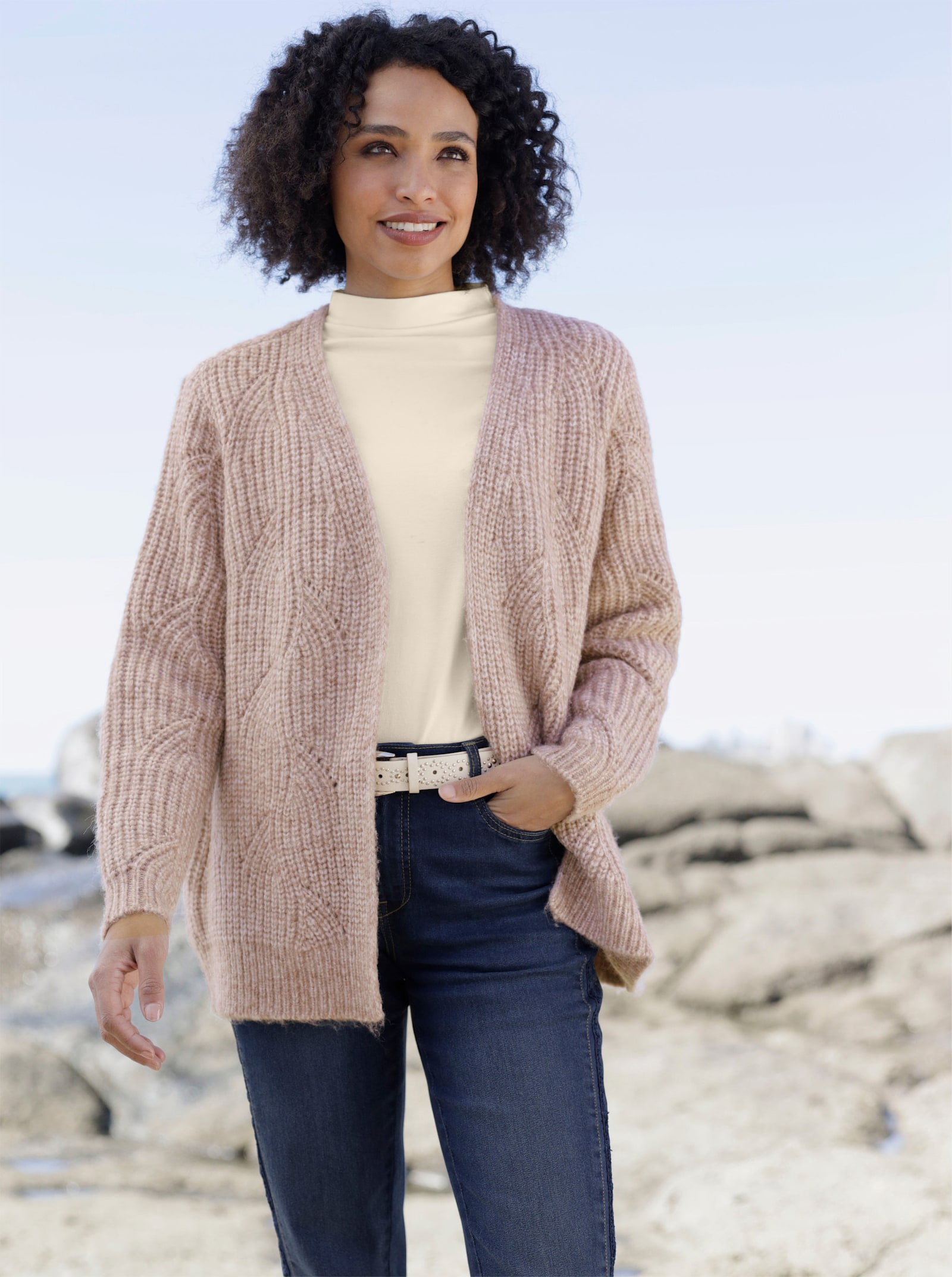 heine Strickjacke mit Bindegürtel - champagner-cognac-meliert