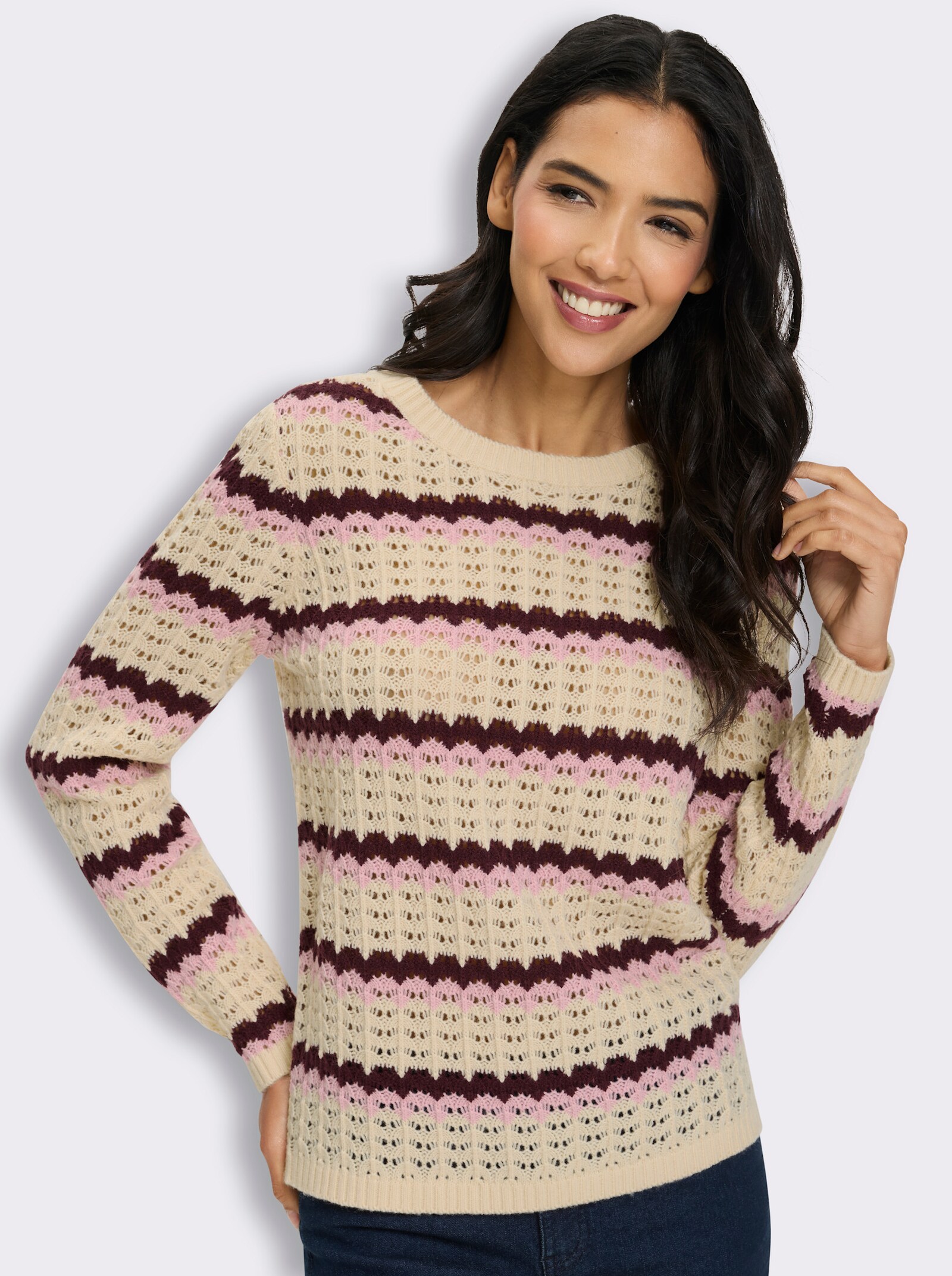 Langarm-Pullover in Ajourstrick - burgund-rosé-gestreift