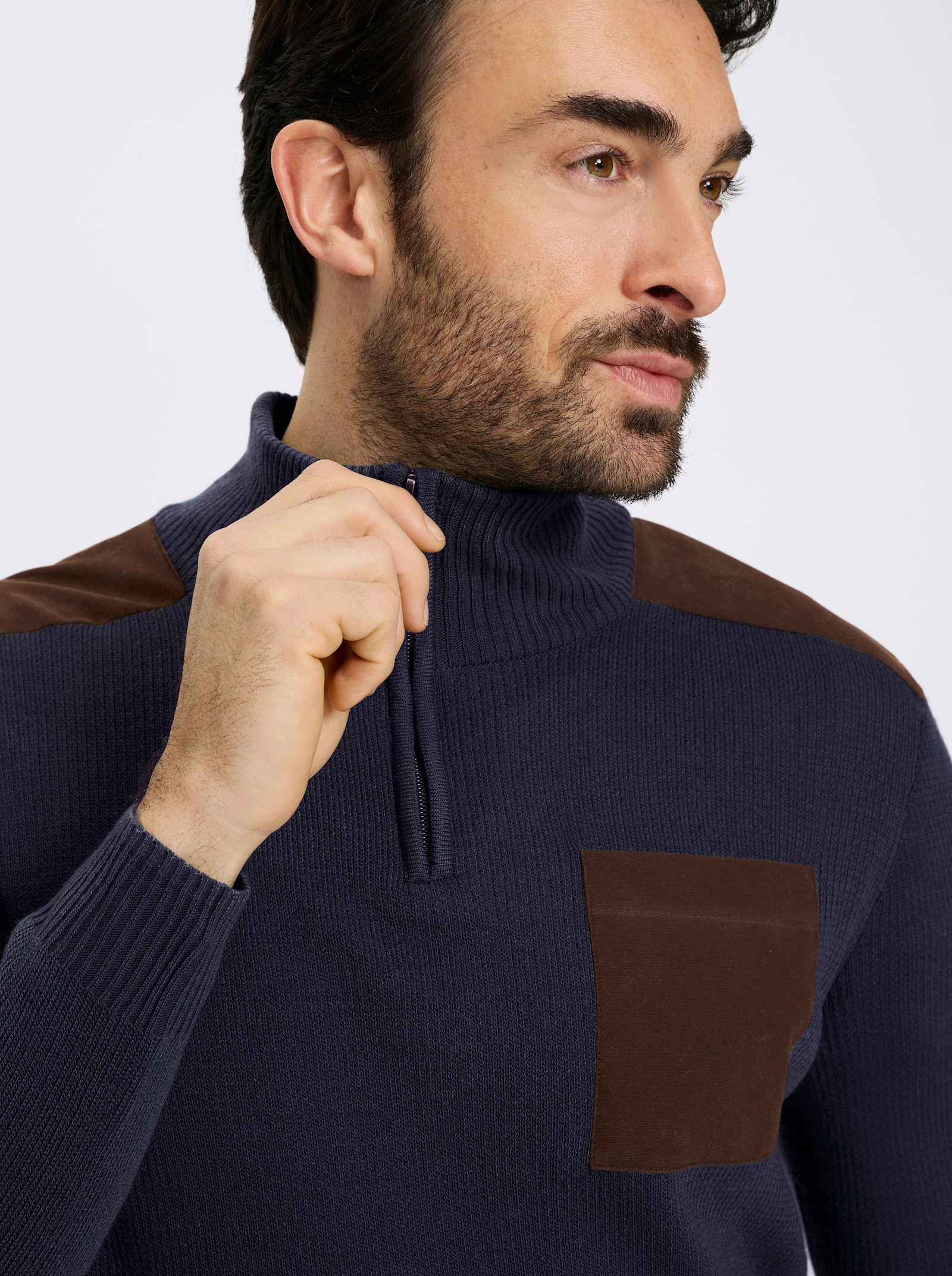 Catamaran Langarm-Pullover mit Kontrast-Details - marine-rauchblau-meliert