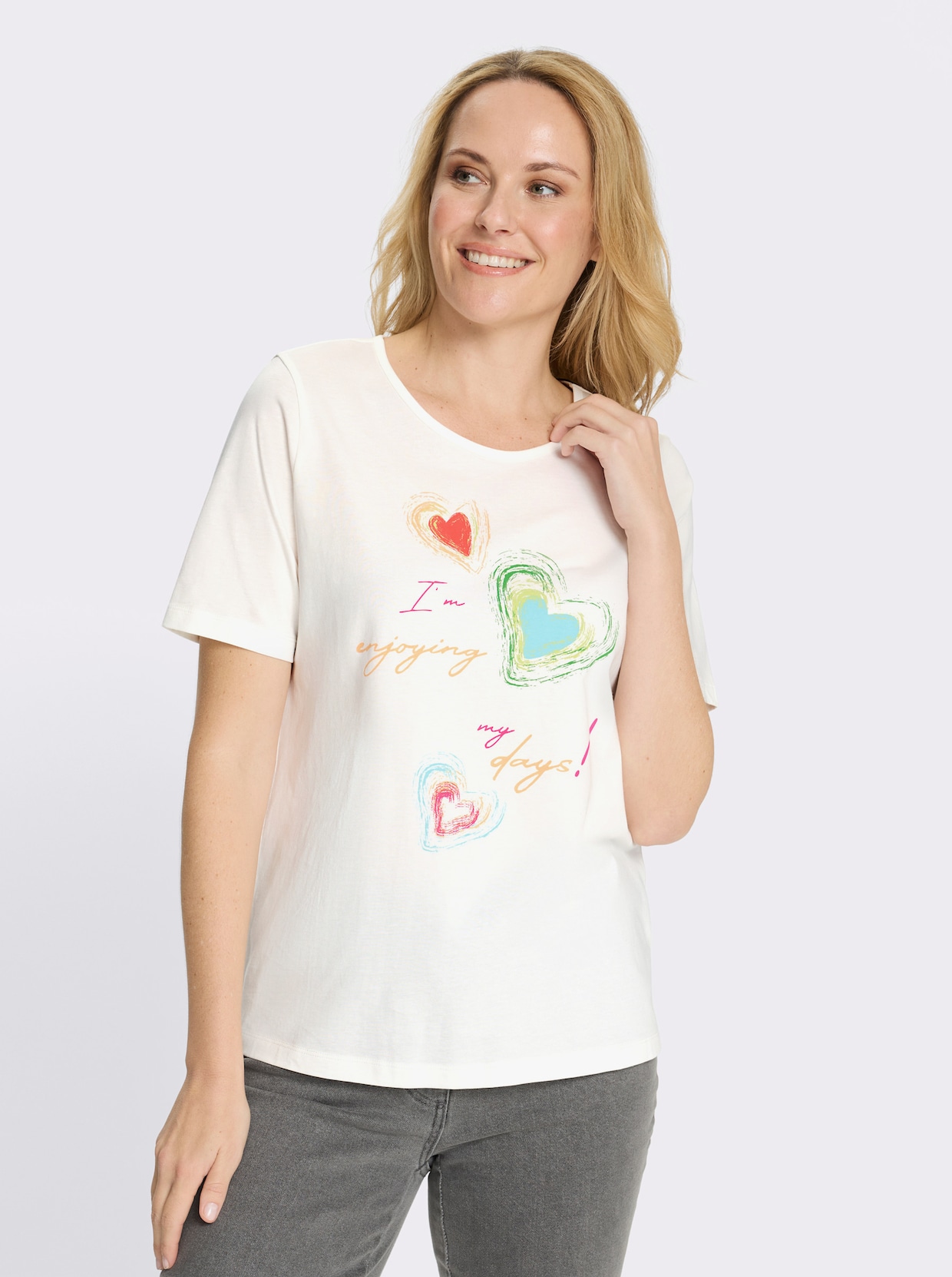 Kurzarmshirt mit platziertem Herz-Print - ecru-apfel