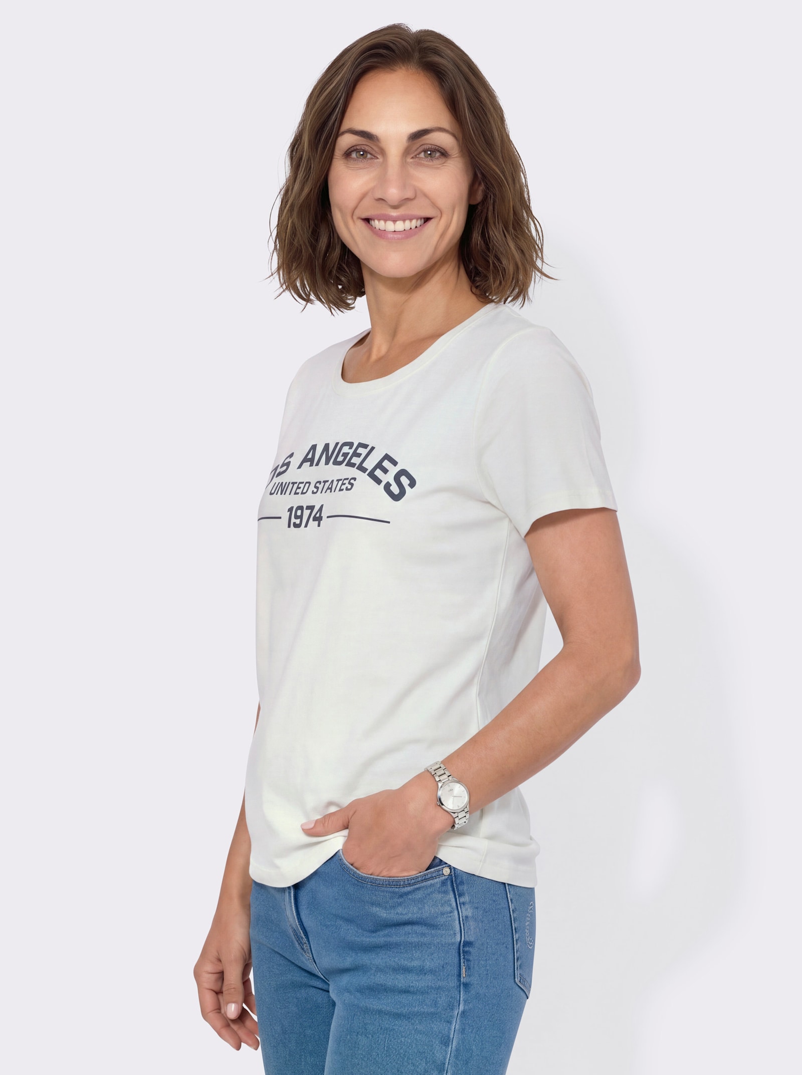 Shirt mit Schriftzug vorne - ecru-dunkelblau
