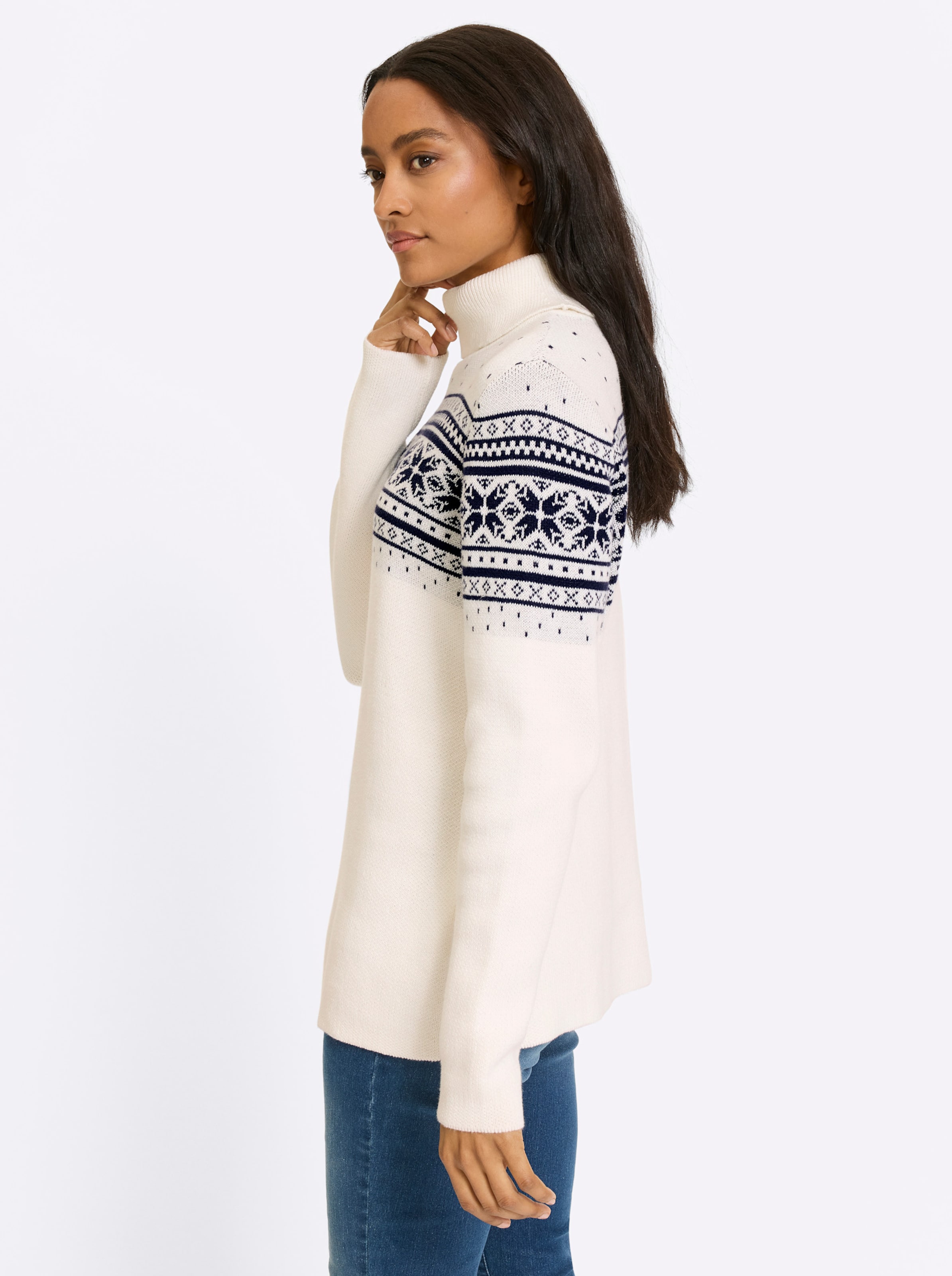 Ecru-Marine-Gemustert Jacquard-Pullover
