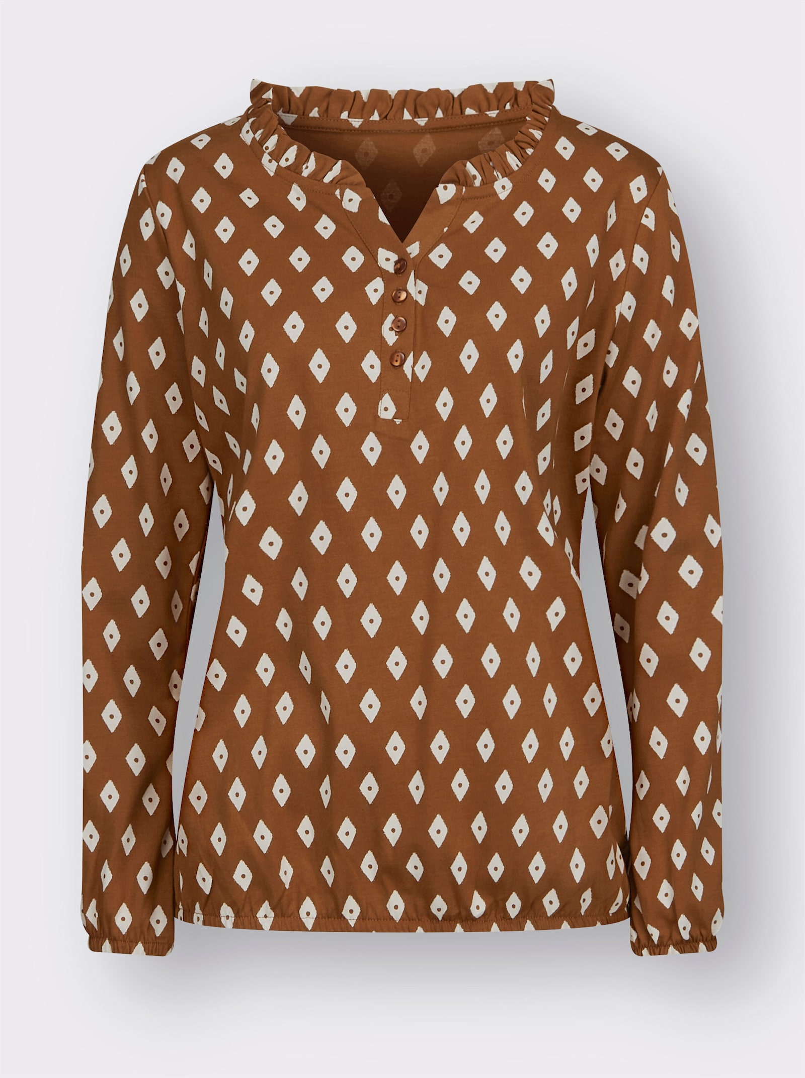 Shirt met lange mouwen en ruches bij de hals - cognac/ecru bedrukt