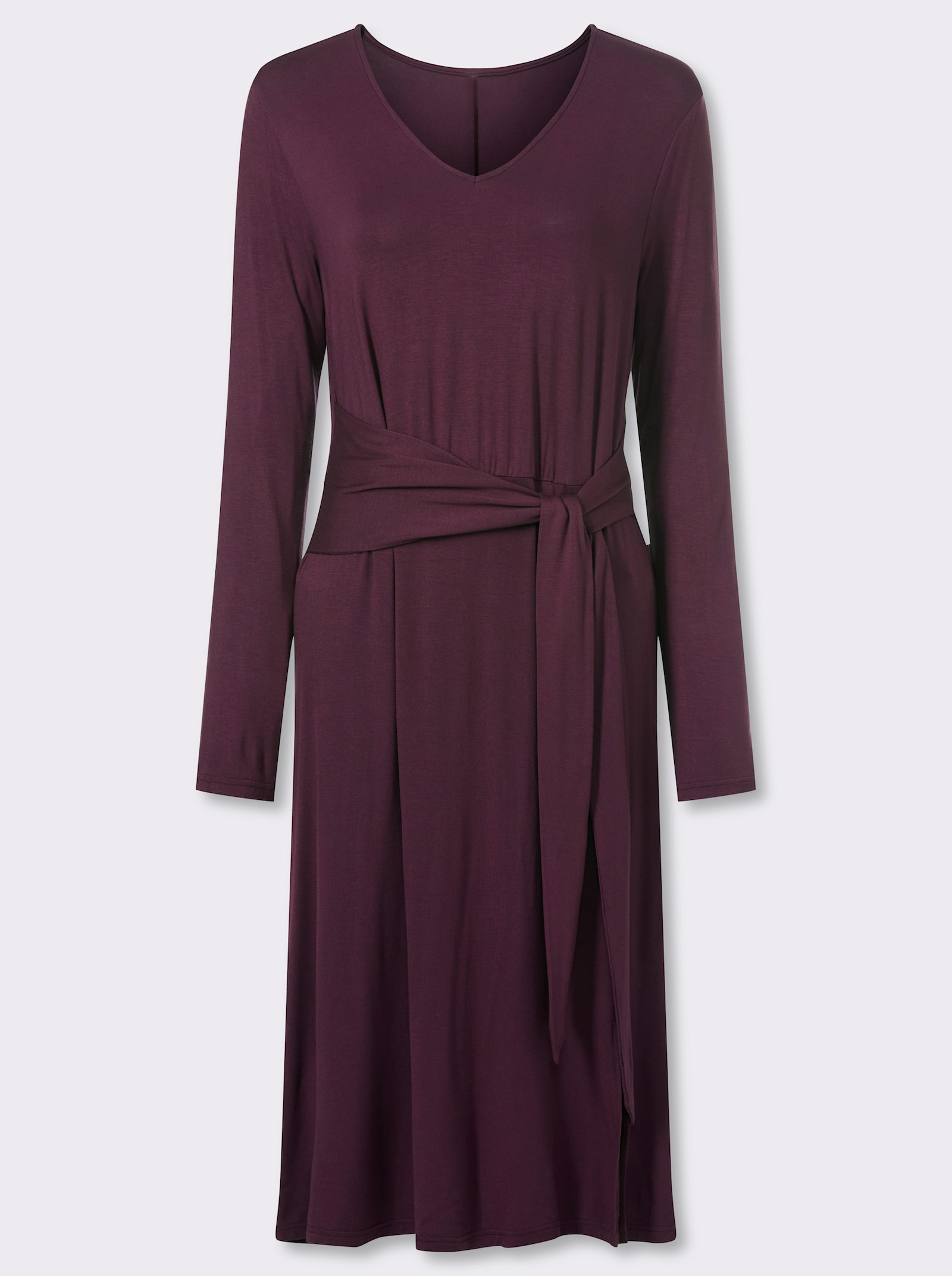 Jerseykleid mit fixiertem Bindegürtel - burgund