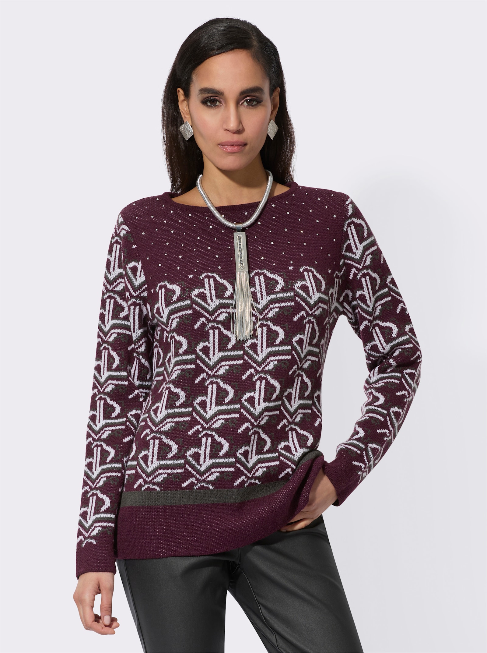 Pull jacquard en mélange de laine mérinos - bordeaux-graphite à motifs