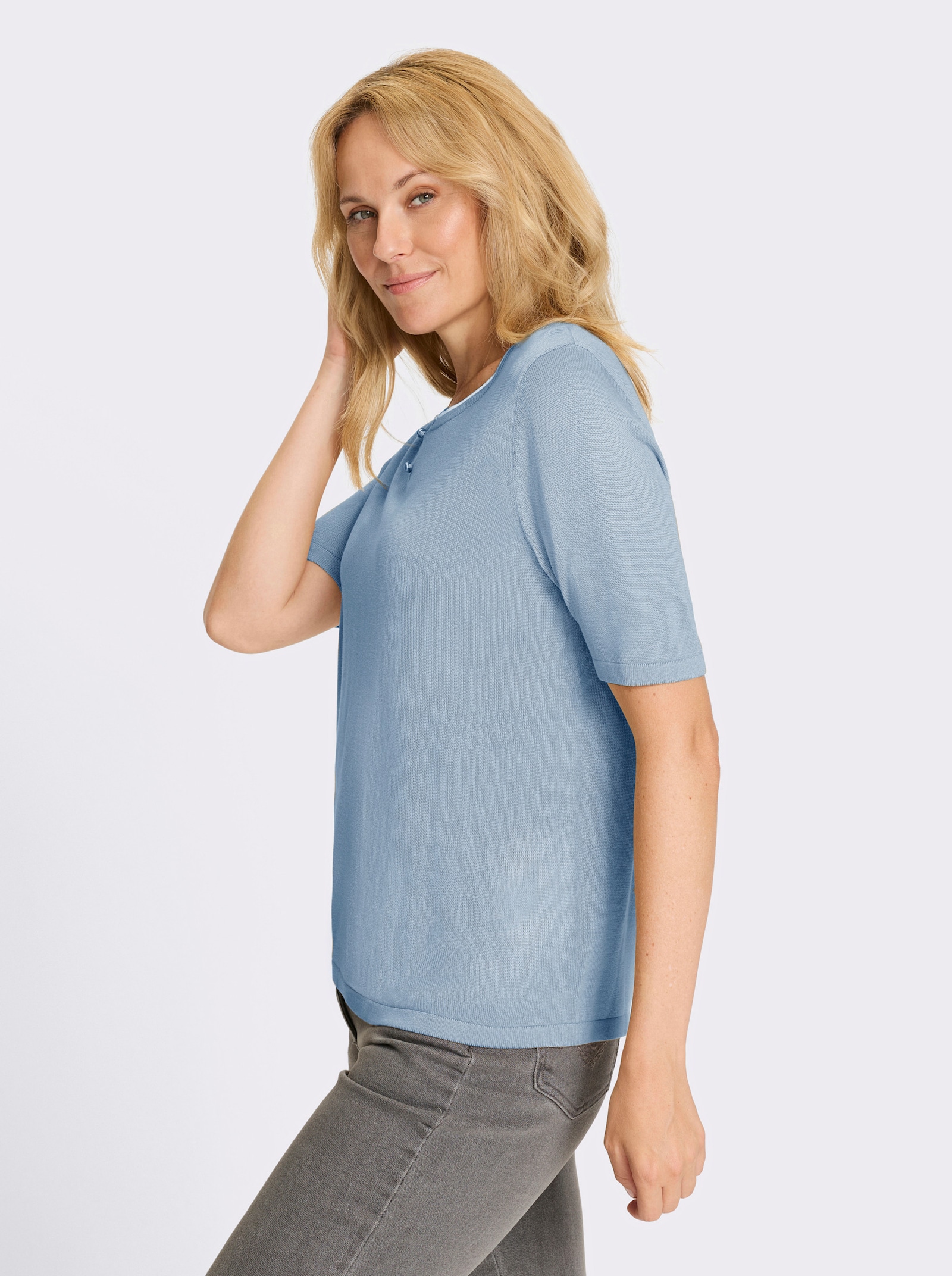 Pulóver, kr.rukávy, kontr. detaily - Ľadová modrá-biela