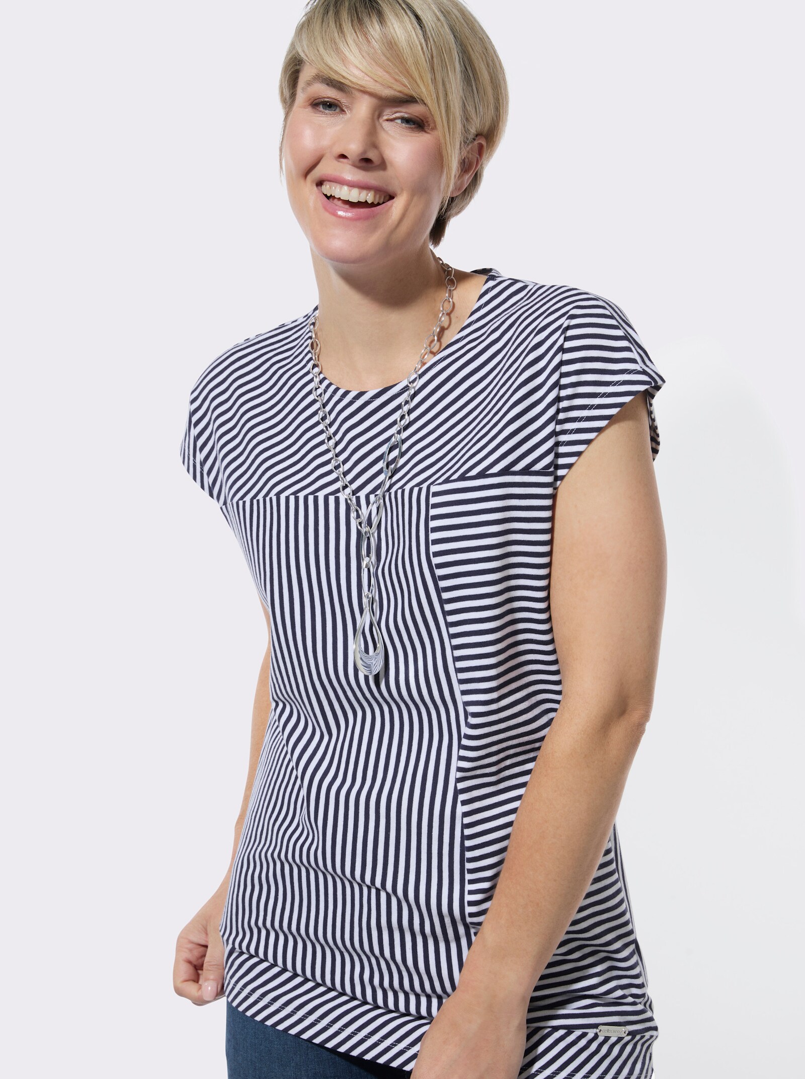 Rundhalsshirt mit asymmetrischem Saum - marine-weiß-geringelt