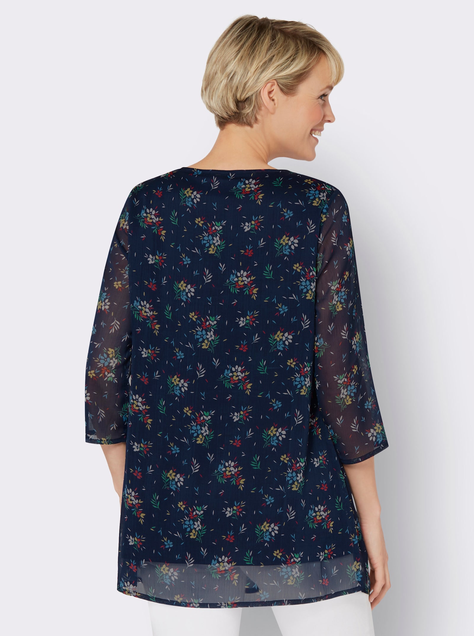 Longbluse im Lagenlook mit Chiffon - marine-pink-bedruckt