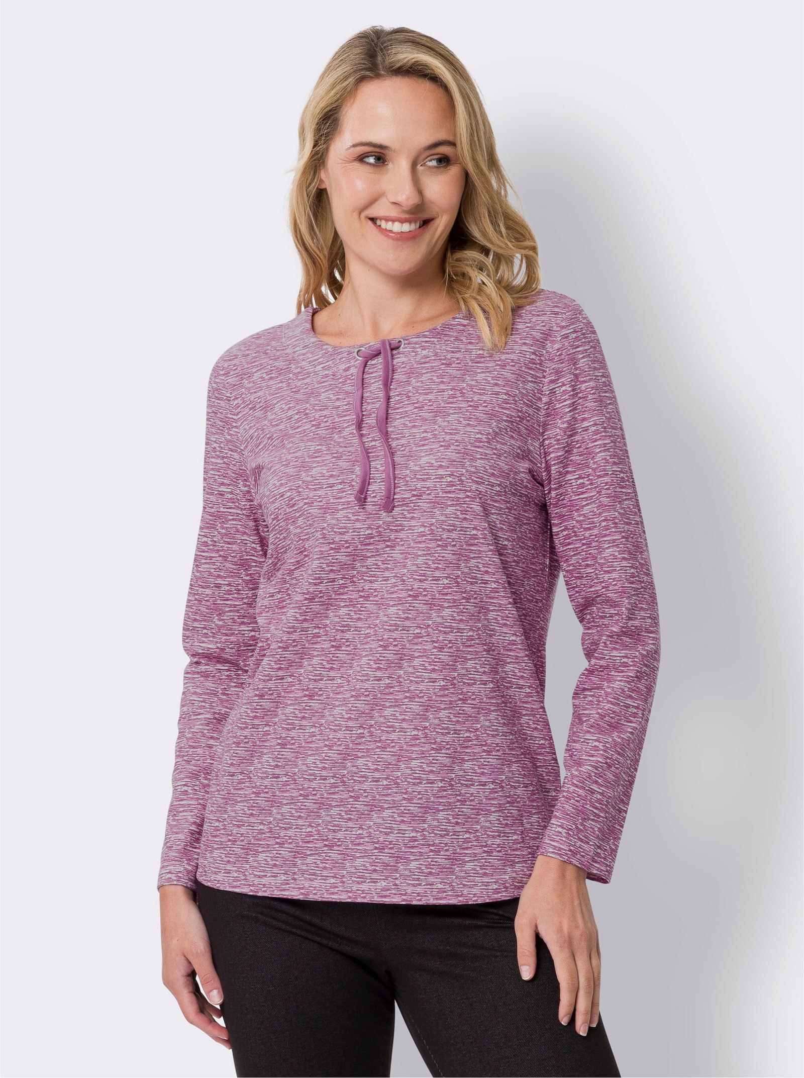 Langarmshirt mit Bindeband am Ausschnitt - violett-ecru-bedruckt