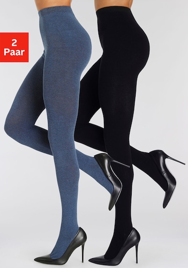 LASCANA Strickstrumpfhose - 1x jeans meliert, 1x schwarz
