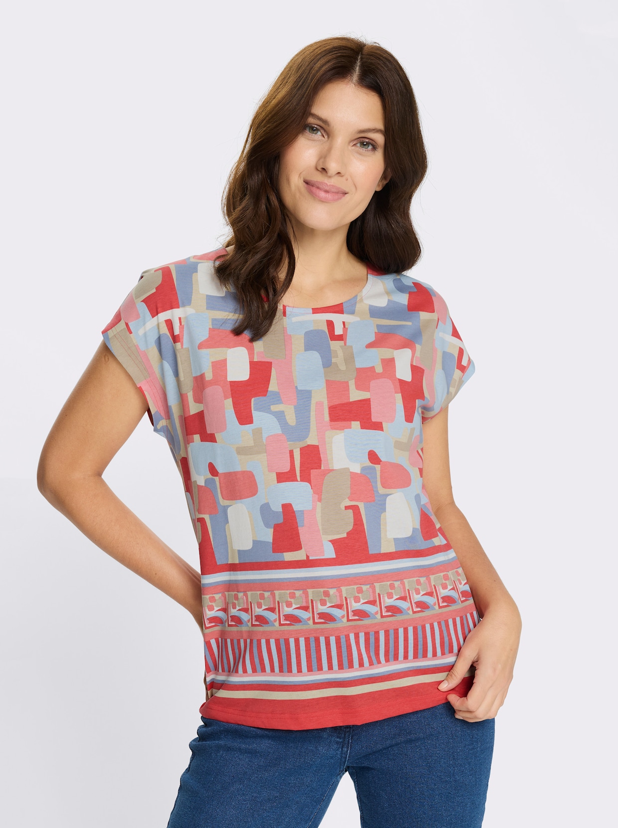 Kurzarmshirt mit buntem Bordüren-Druck - koralle-flamingo-bedruckt